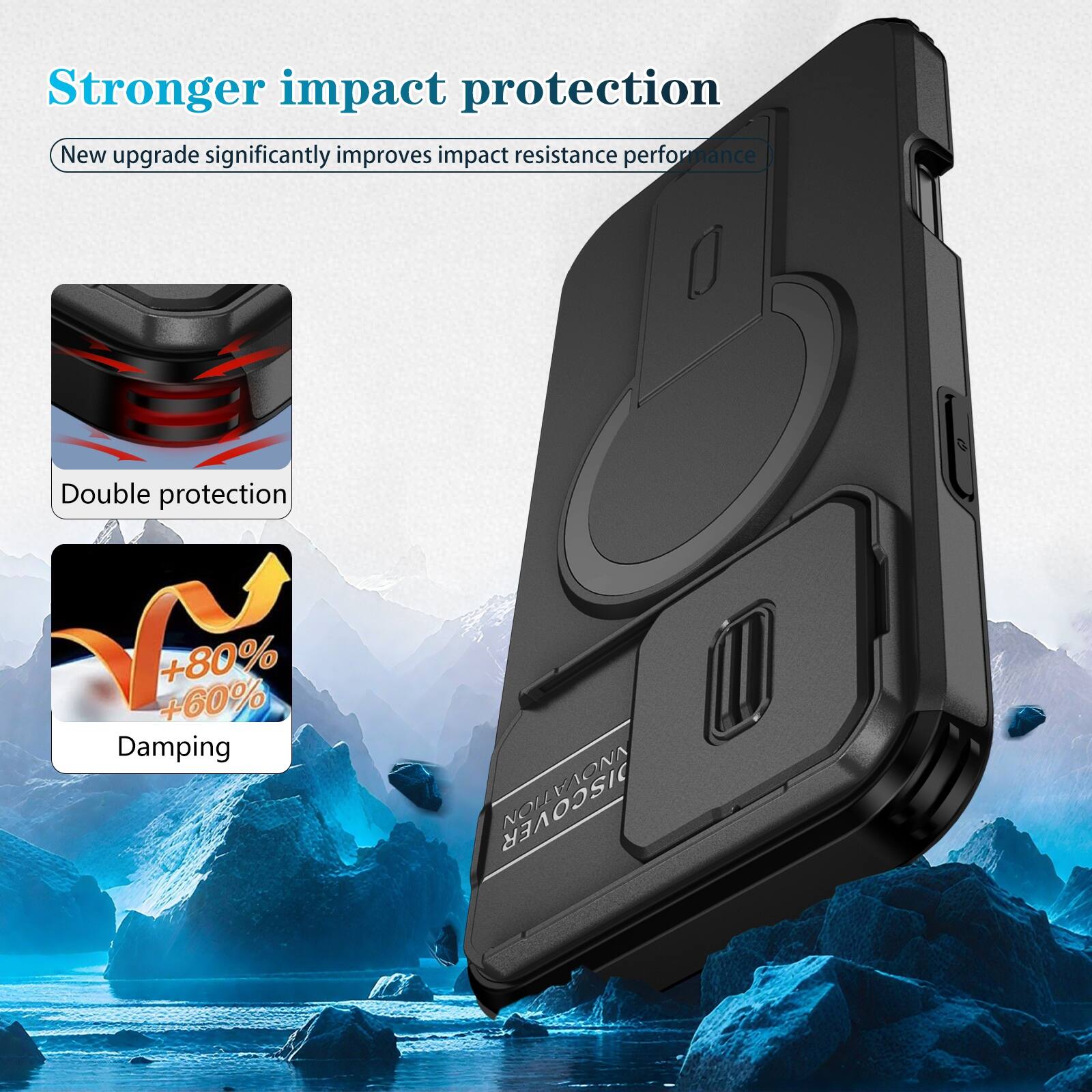 Stronger impact protection  
New upgrade significantly improves impact resistance performance  
Double protection  
+80% +60% Damping  
DISCOVER INNOVA