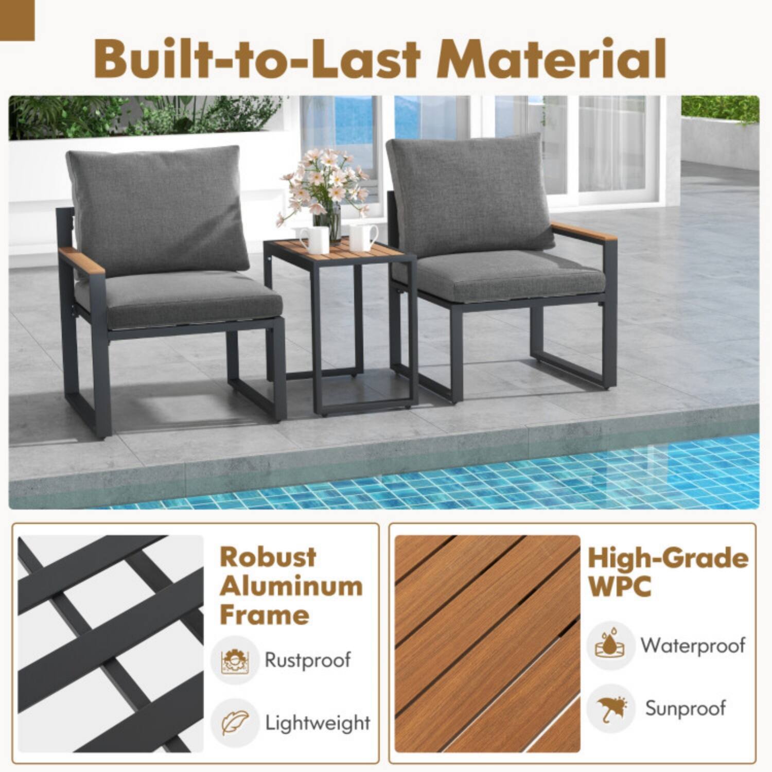Built-to-Last Material

- Robust Aluminum Frame
  - Rustproof
  - Lightweight

- High-Grade WPC
  - Waterproof
  - Sunproof