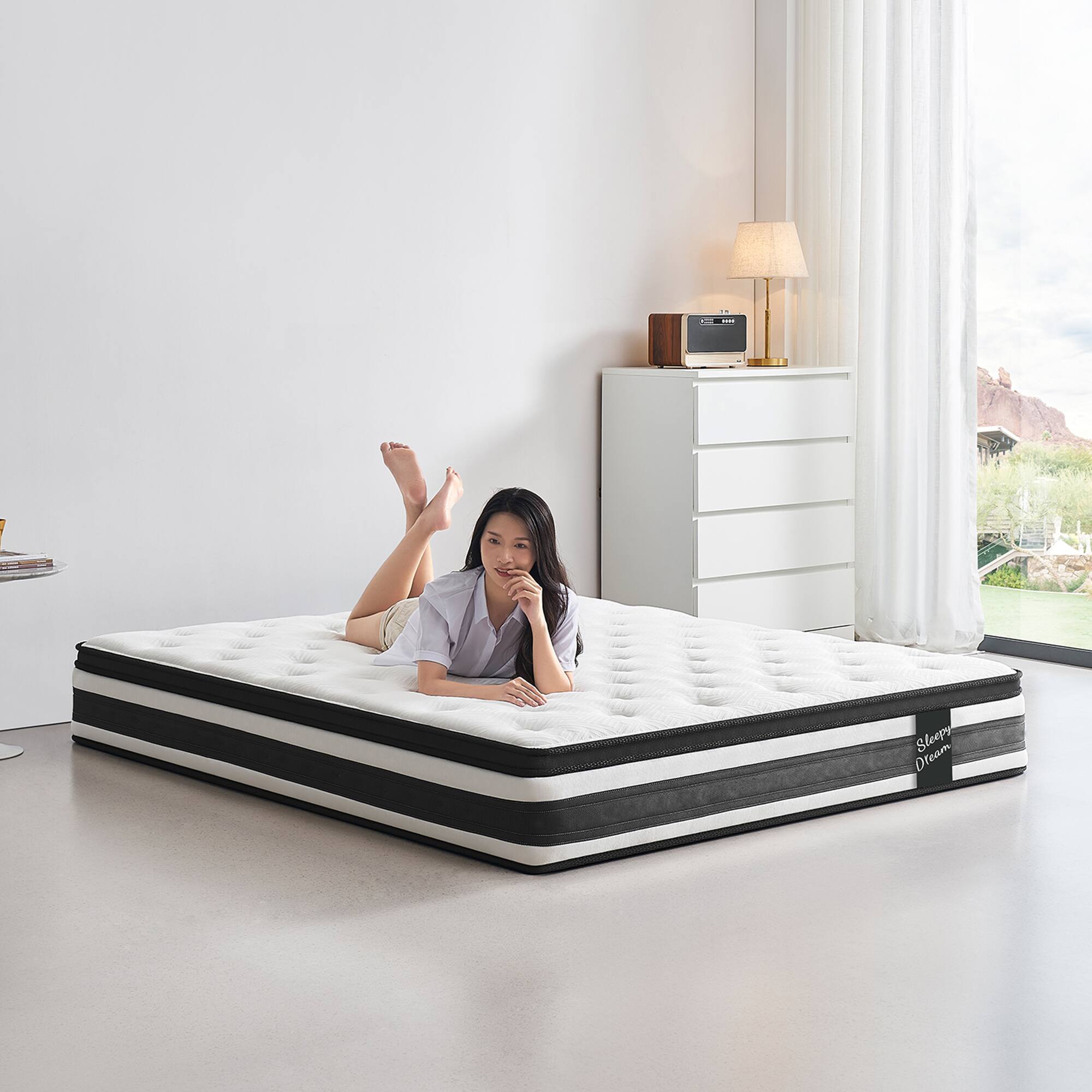 GOODSILO - 12 Inch Hybrid Pocket Spring Mattress with Memory Foam & Breathable Knitted Cover for Comfort - White+Black - Thumbnail 2