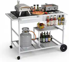 Winado - Portable Movable Grill Table Cart with Wheels, Side Handle Table Stand for Patio Kitchen Island Outdoor Grill Camping - Silver