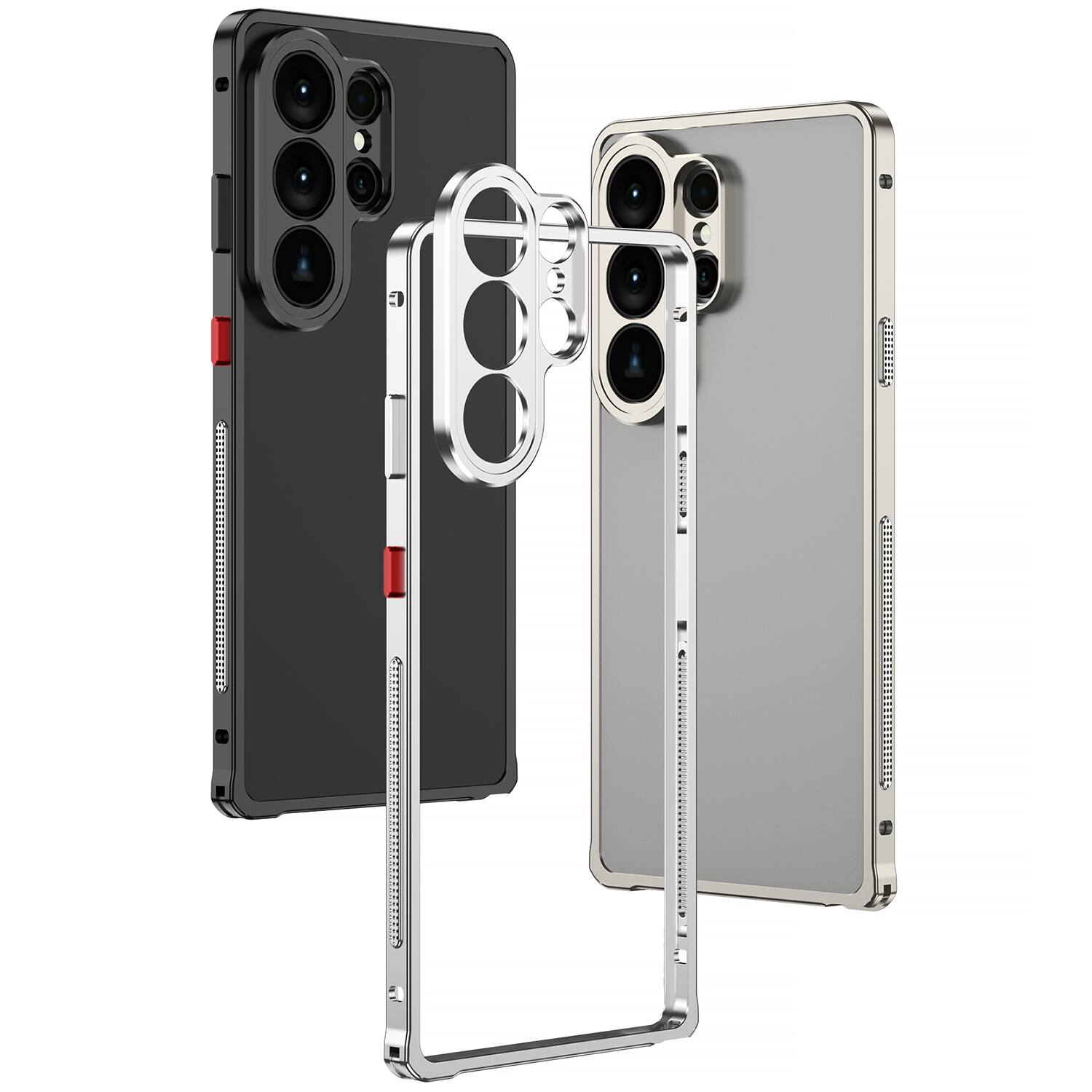 Angle. Dteck - Metal Frame Heat Dissipation Rugged Shockproof Bumper Frame Phone Case with Lens Cover For Samsung Galaxy S26 - Silver.