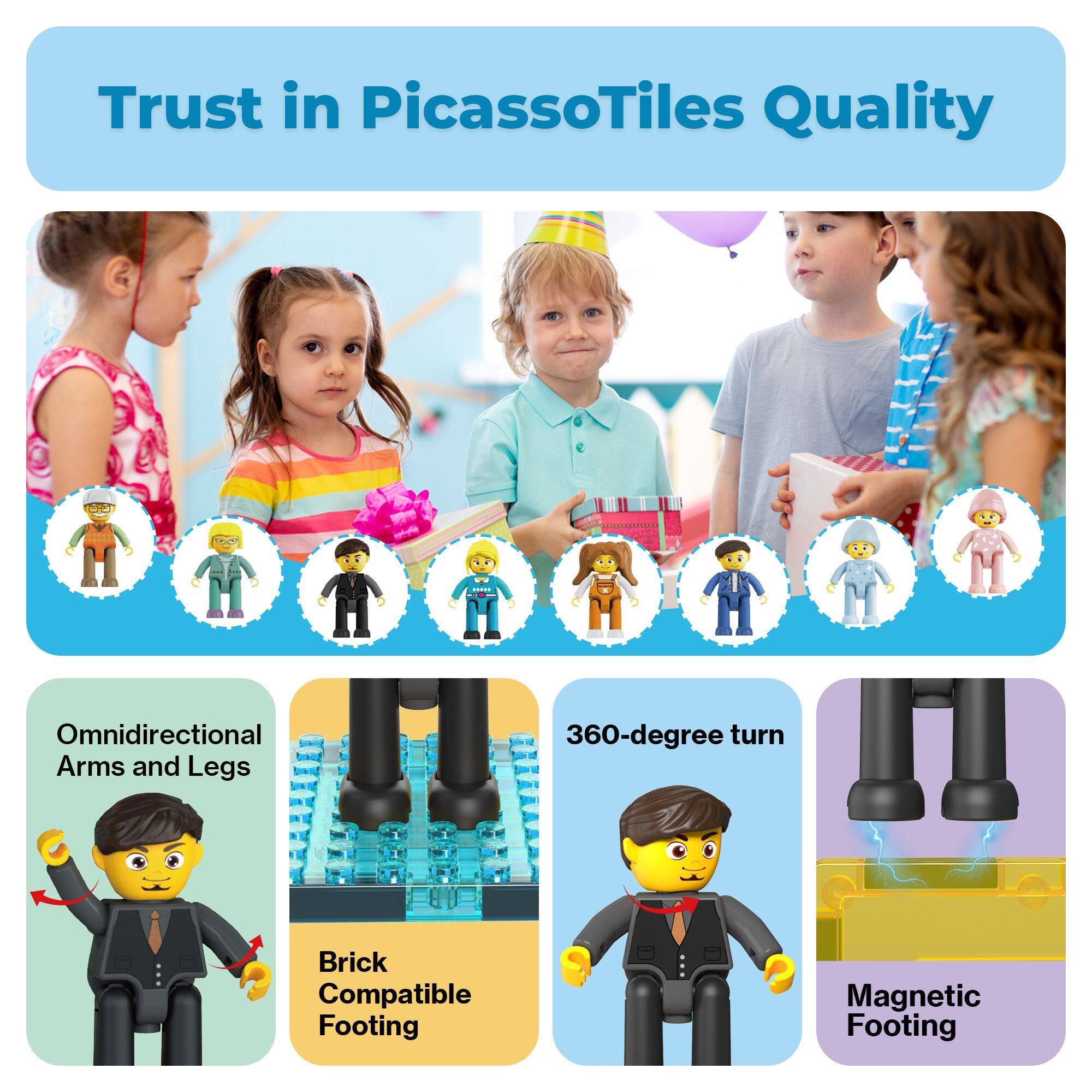 Trust in PicassoTiles Quality

Omnidirectional Arms and Legs
360-degree turn
Brick Compatible Footing
Magnetic Footing