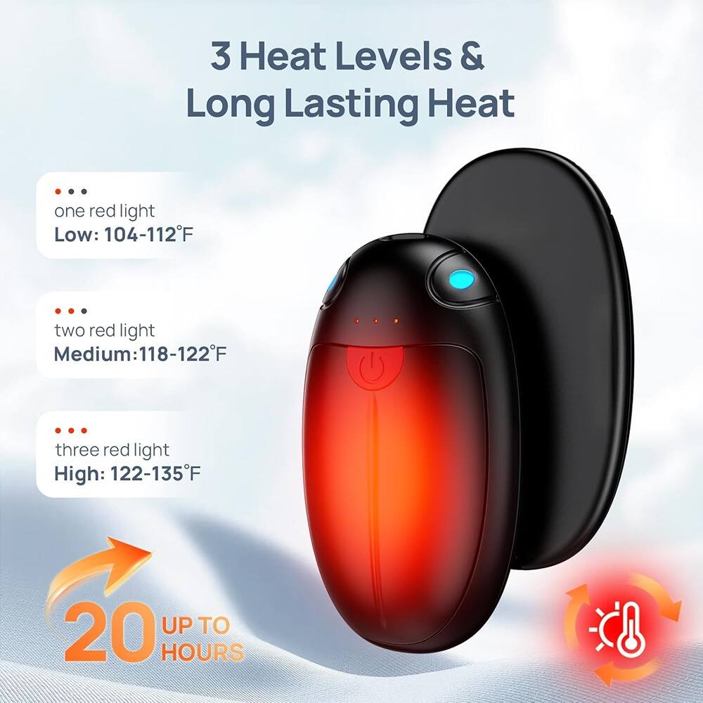 3 Heat Levels & Long Lasting Heat

- one red light
  Low: 104-112°F

- two red light
  Medium: 118-122°F

- three red light
  High: 122-135°F

20 UP TO HOURS