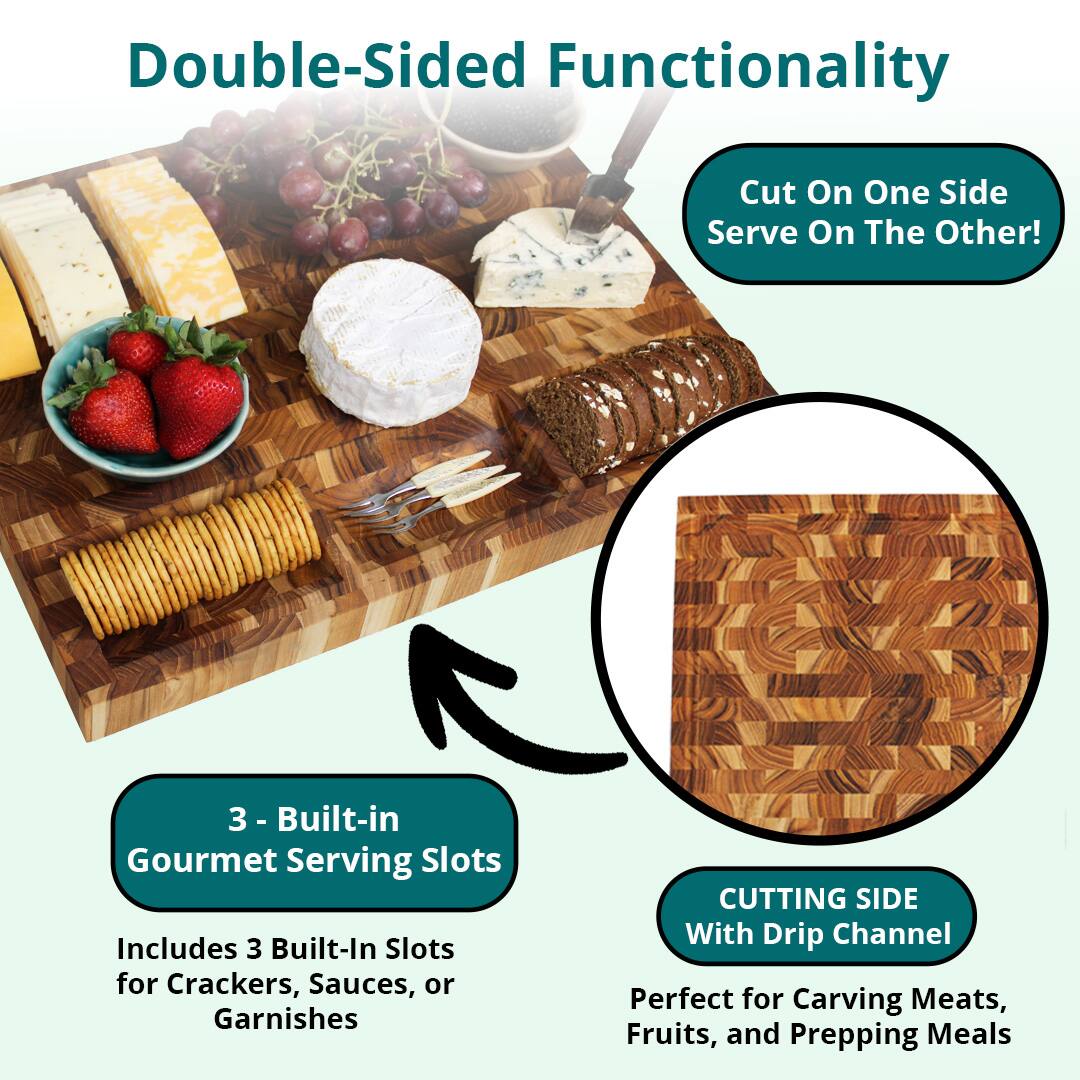 Double-Sided Functionality

Cut On One Side Serve On The Other!

3 - Built-in Gourmet Serving Slots
Includes 3 Built-In Slots for Crackers, Sauces, or Garnishes

CUTTING SIDE With Drip Channel
Perfect for Carving Meats, Fruits, and Prepping Meals