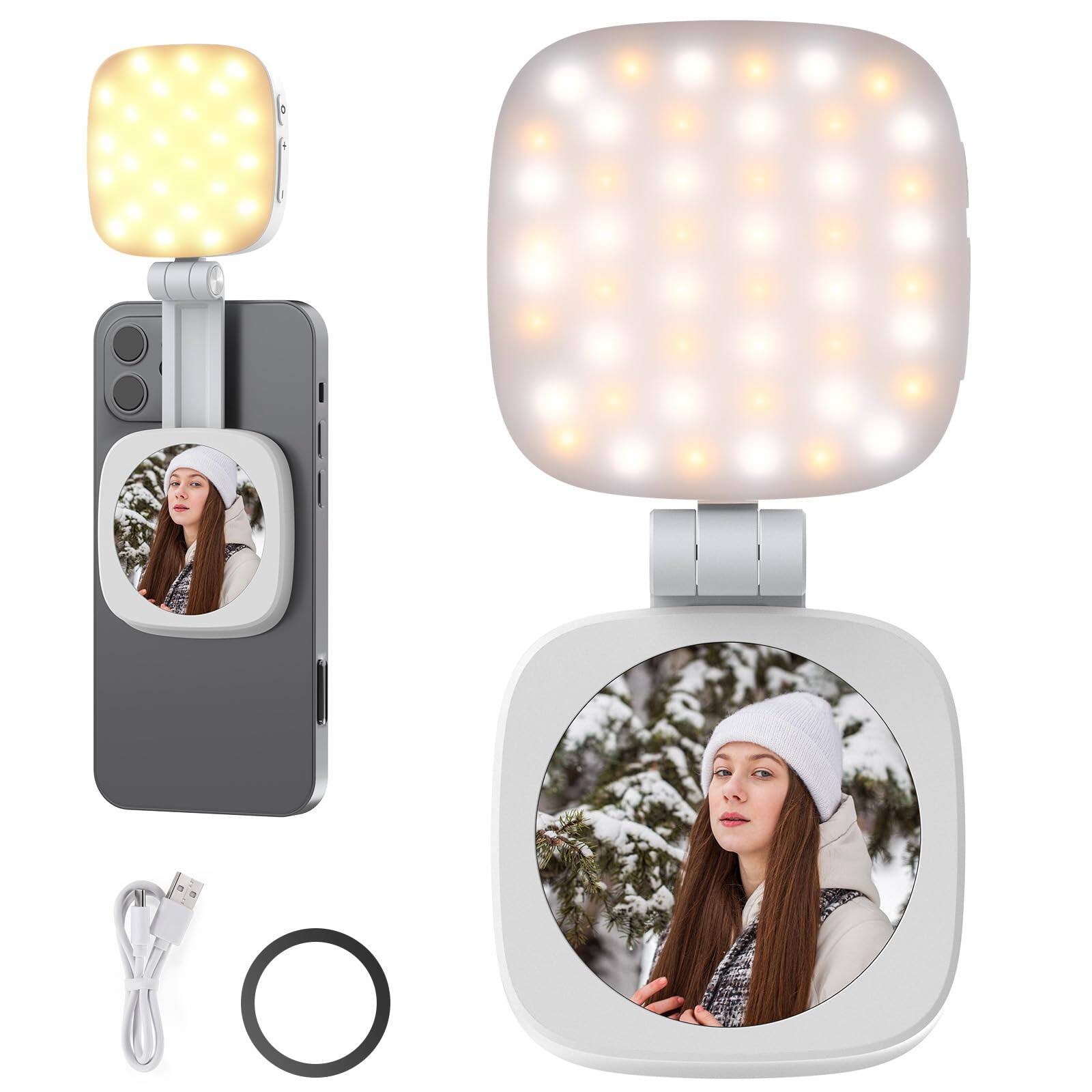 Front. Neewer - BASICS Magnetic Selfie Light for MagSafe iPhone, CRI95+ Foldable Ring Light with Mirror for Video Calls - White.