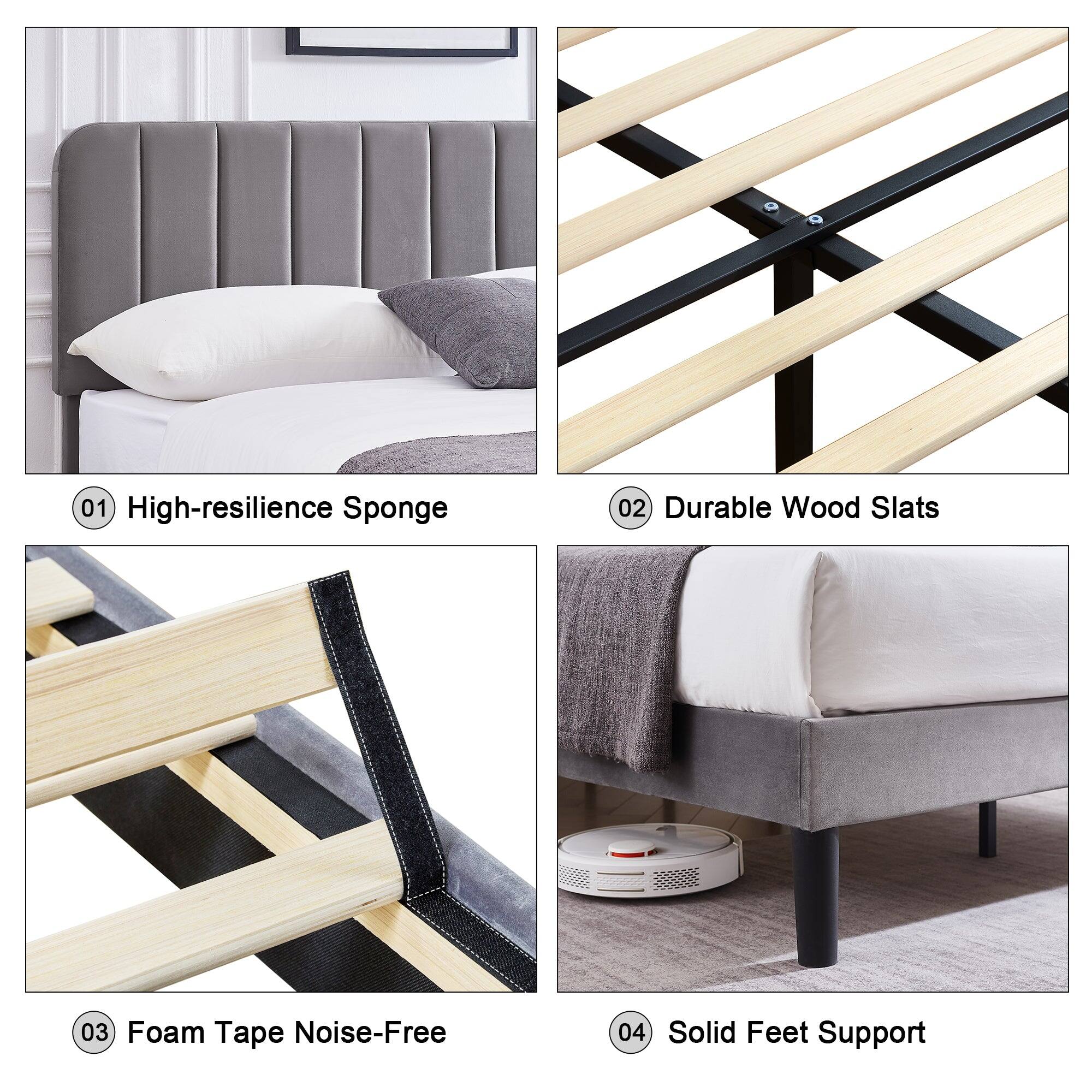 01 High-resilience Sponge  
02 Durable Wood Slats  
03 Foam Tape Noise-Free  
04 Solid Feet Support