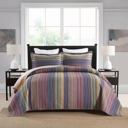 MarCielo - 3Pcs 100% Cotton Striped Quilt Bedspread Set Reversible Bedding - Purple