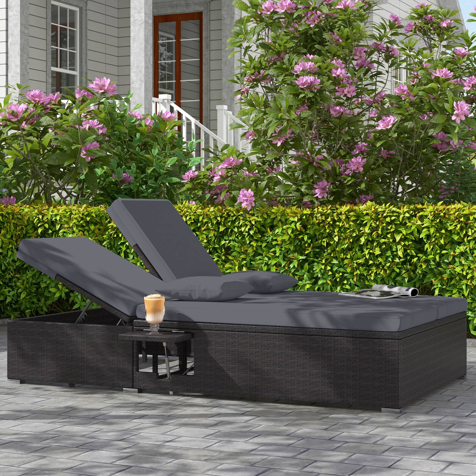 Alt View 1. Costway - Costway Outdoor Patio Daybed PE Wicker Double Chaise Lounge with Adjustable Backrests - Gray,Mix Brown.