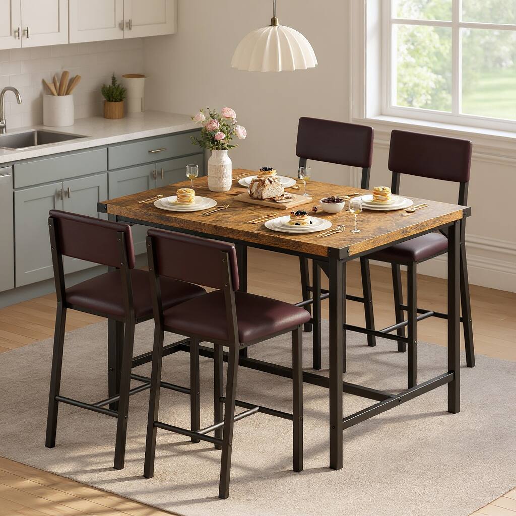 Front. Acekool - Dining Table Set, Counter Height Table with 4 Upholstered Bar Stools - Rustic Brown.