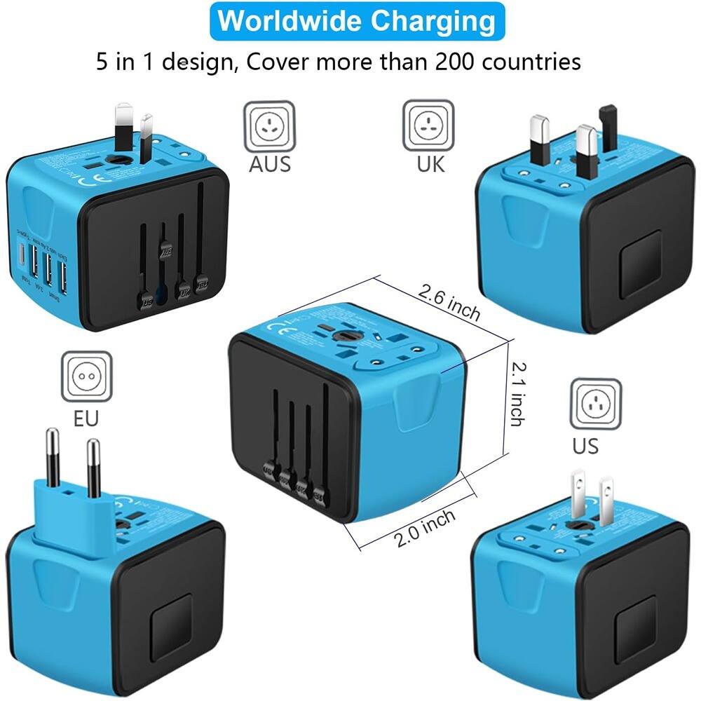 Worldwide Charging

5 in 1 design, Cover more than 200 countries

AUS  
UK  
EU  
US  

2.6 inch  
2.1 inch  
2.0 inch