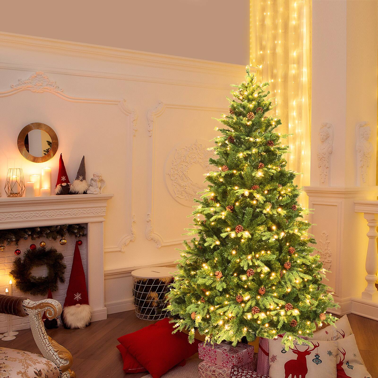Alt View 5. Ecooso - 7ft Artificial Christmas Tree with LED Lights and Pine Cones for Warm Festive Ambience - Green.