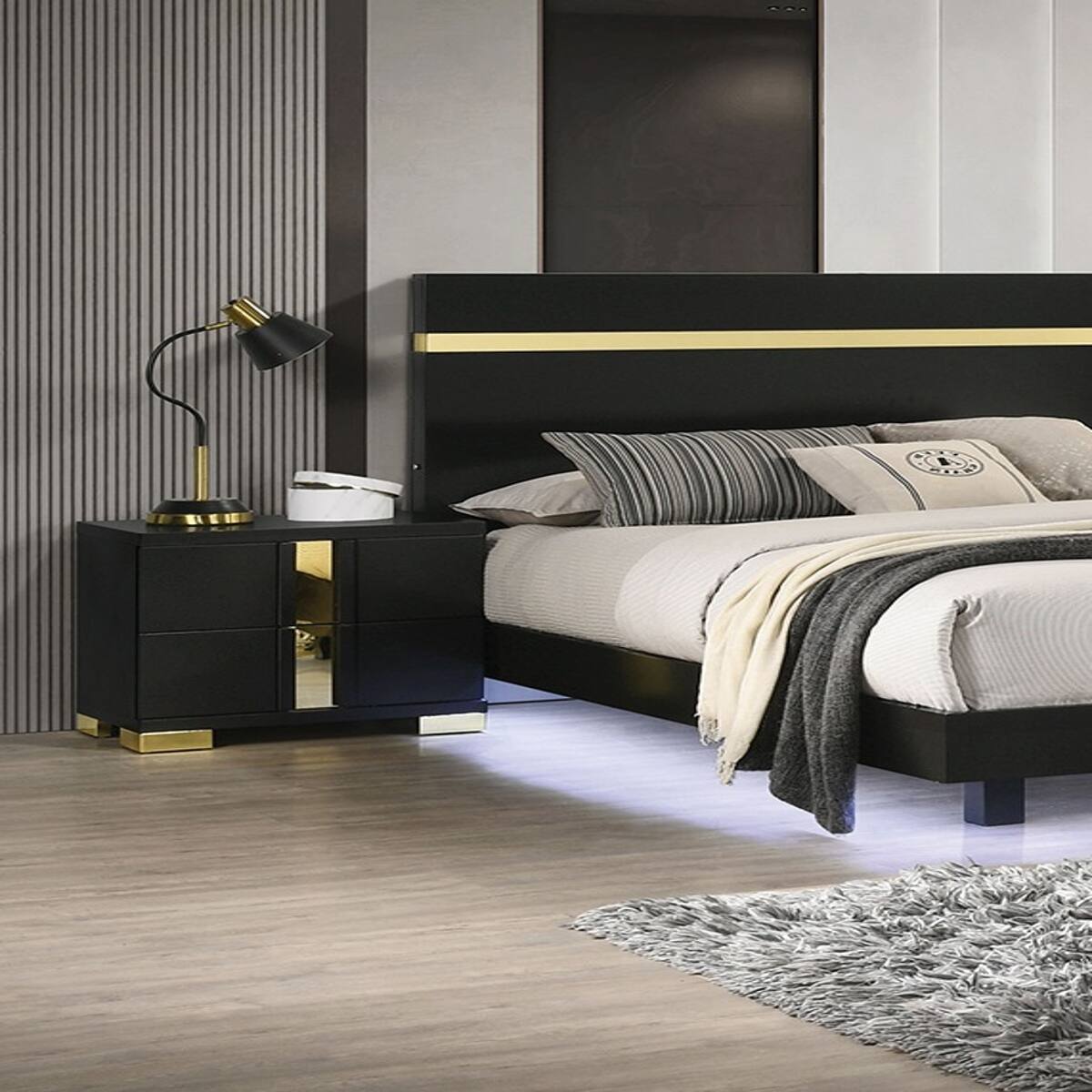 Angle. Loheer - Loheer Black and Gold Nightstand with Two Drawers and Metal Legs - Black.