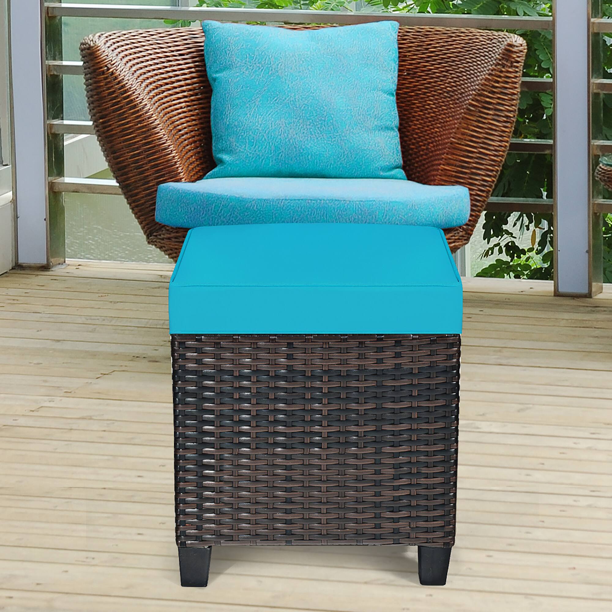 Alt View 3. Costway - 2PCS Patio Rattan Ottoman Cushioned Seat Foot Rest Coffee Table - Turquoise.