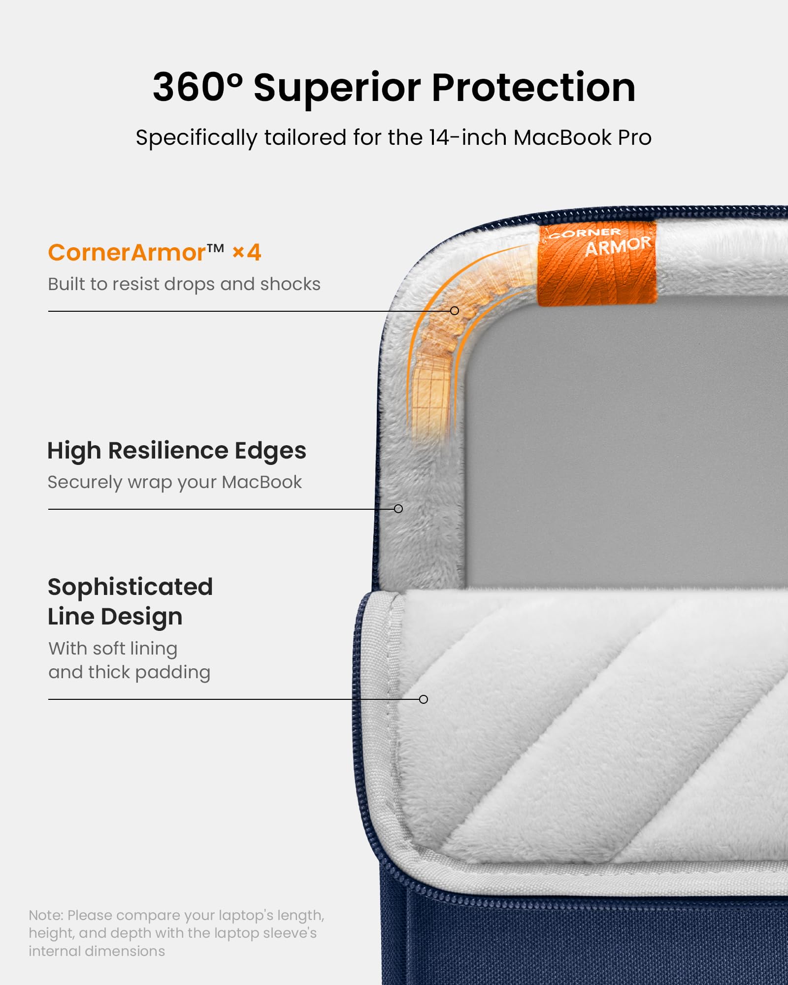 360° Superior Protection  
Specifically tailored for the 14-inch MacBook Pro  

CornerArmor™ x4  
Built to resist drops and shocks  

High Resilience Edges  
Securely wrap your MacBook  

Sophisticated Line Design  
With soft lining and thick padding  

Note: Please compare your laptop's length, height, and depth with the laptop sleeve's internal dimensions