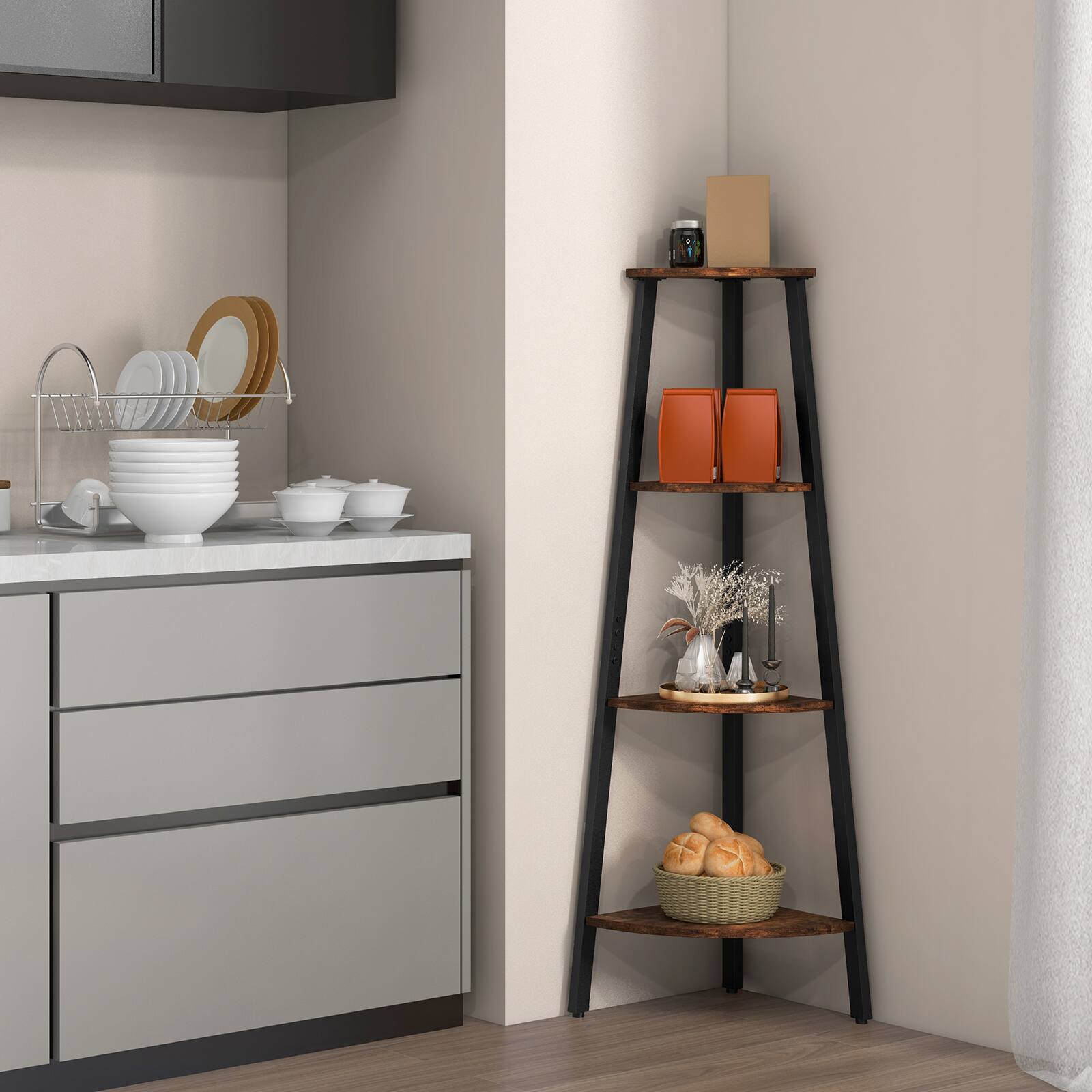 Alt View 4. Costway - Costway 4-Tier Corner Shelf Metal Storage Rack Bookcase Plant Display Stand - Brown + black.