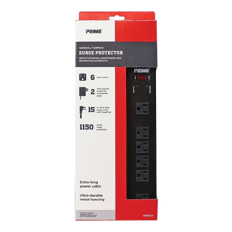 PRIME GENERAL PURPOSE SURGE PROTECTOR  
PROTECTOR CONTRA SOBRETENSION PARA ARTEFACTOS ELECTRÓNICOS  

- 6 total outlets  
- 2 wide-spaced outlets for transformer plugs  
- 15 ft. extra-long power cord with SnugPlug®  
- 1150 joules protection  
- Extra-long power cable  
- Ultra-durable metal housing  

PB80215