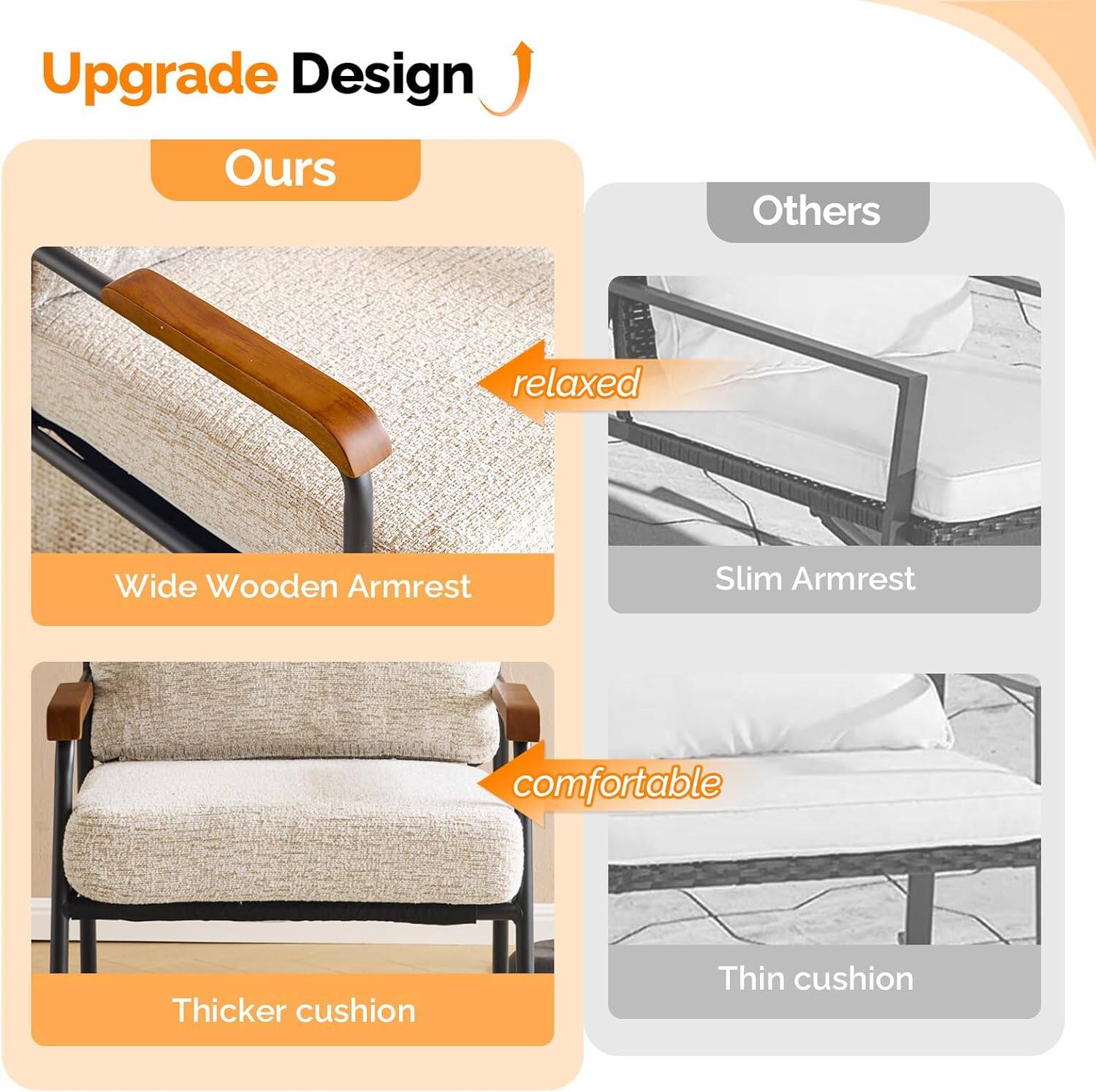 Upgrade Design

Ours
- Wide Wooden Armrest
- Thicker cushion

Others
- Slim Armrest
- Thin cushion

relaxed
comfortable