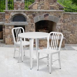 Emma + Oliver - Commercial Grade 30" Round Metal Indoor-Outdoor Table Set & 2 Slat Back Chairs - White