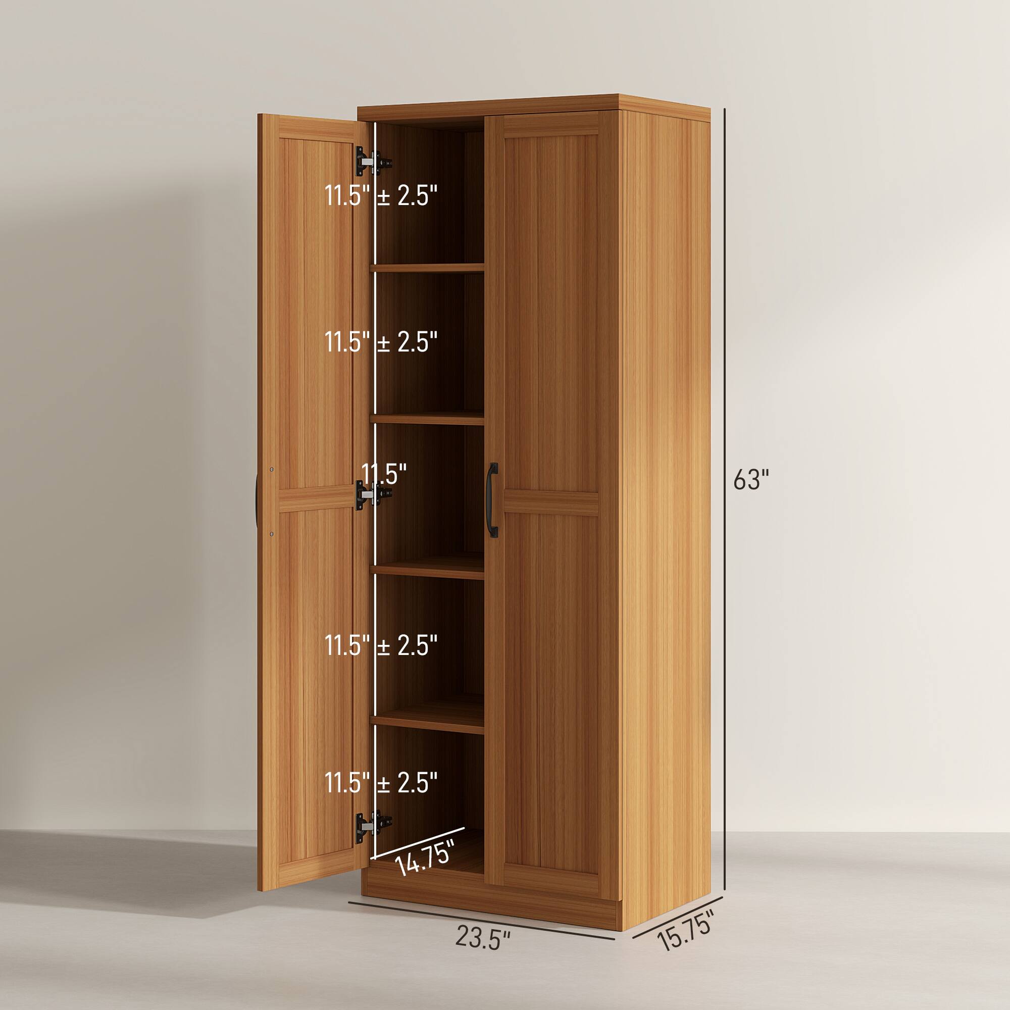 - Height: 63"
- Width: 23.5"
- Depth: 15.75"
- Shelf Dimensions: 11.5" x 14.75"
- Shelf Tolerance: ± 2.5"