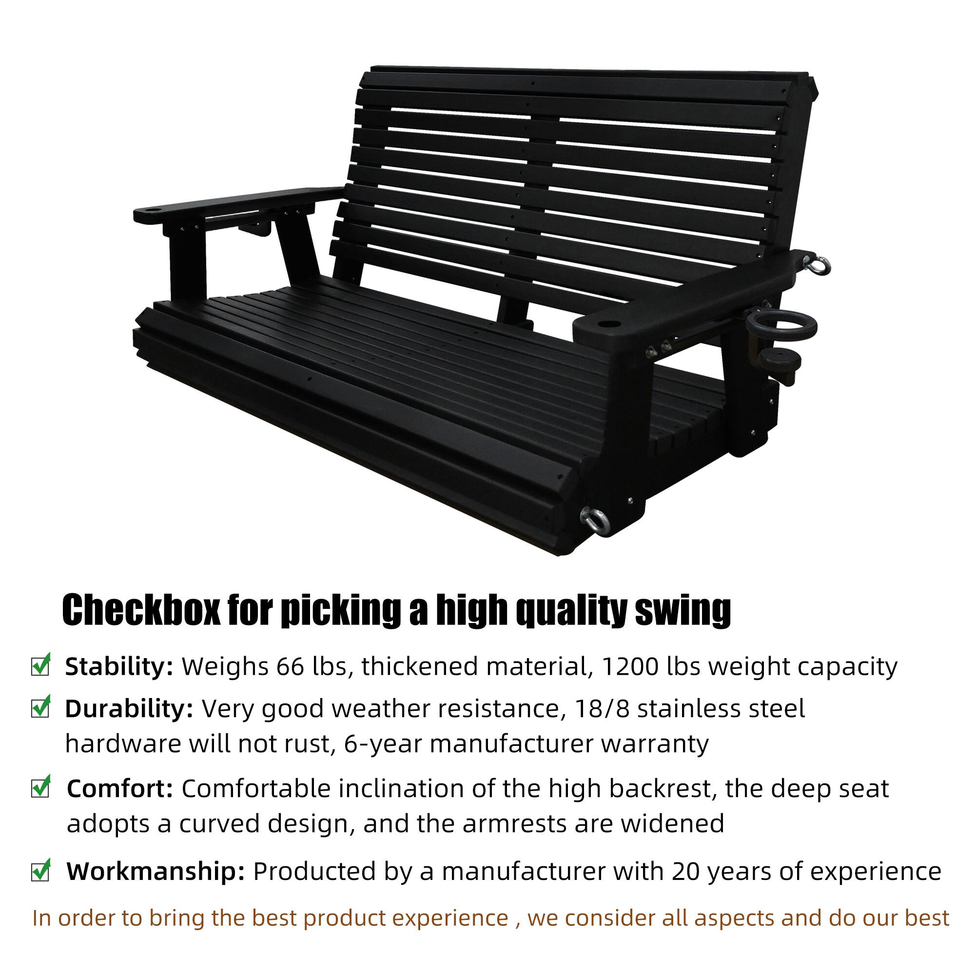 Checkbox for picking a high quality swing

- Stability: Weighs 66 lbs, thickened material, 1200 lbs weight capacity
- Durability: Very good weather resistance, 18/8 stainless steel hardware will not rust, 6-year manufacturer warranty
- Comfort: Comfortable inclination of the high backrest, the deep seat adopts a curved design, and the armrests are widened
- Workmanship: Produced by a manufacturer with 20 years of experience

In order to bring the best product experience, we consider all aspects and do our best