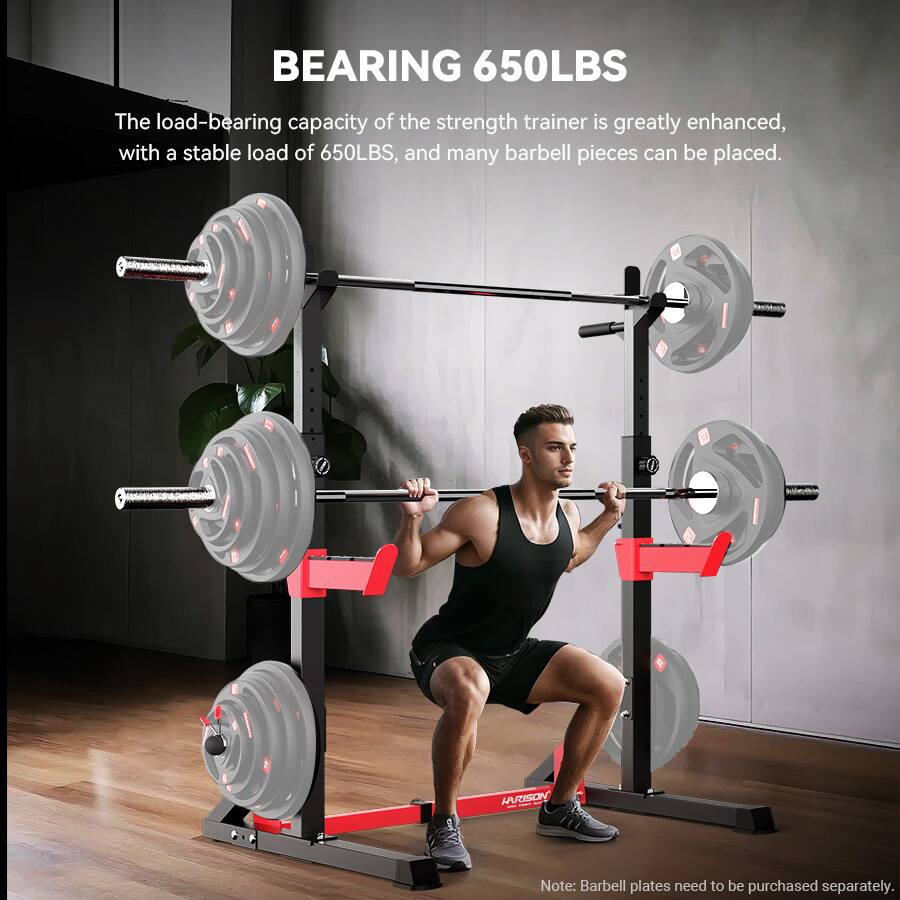 BEARING 650LBS

The load-bearing capacity of the strength trainer is greatly enhanced, with a stable load of 650LBS, and many barbell pieces can be placed.

Note: Barbell plates need to be purchased separately.