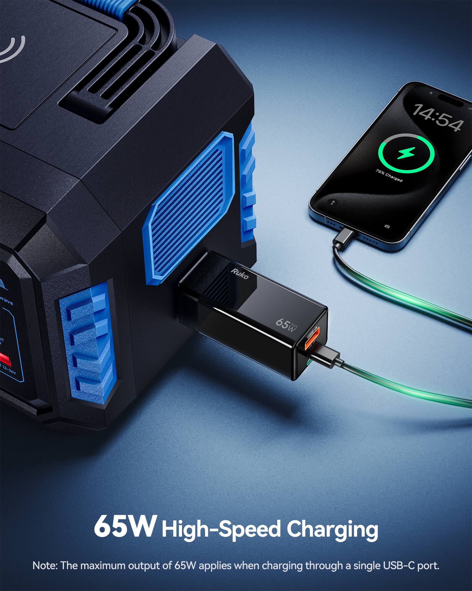 i 14:54 70% Charged ... - ..... 1 H BY n - . Ruko 65 w s - E 65W High-Speed Charging Note: The maximum output of 65W applies when charging through a single USB-C port.