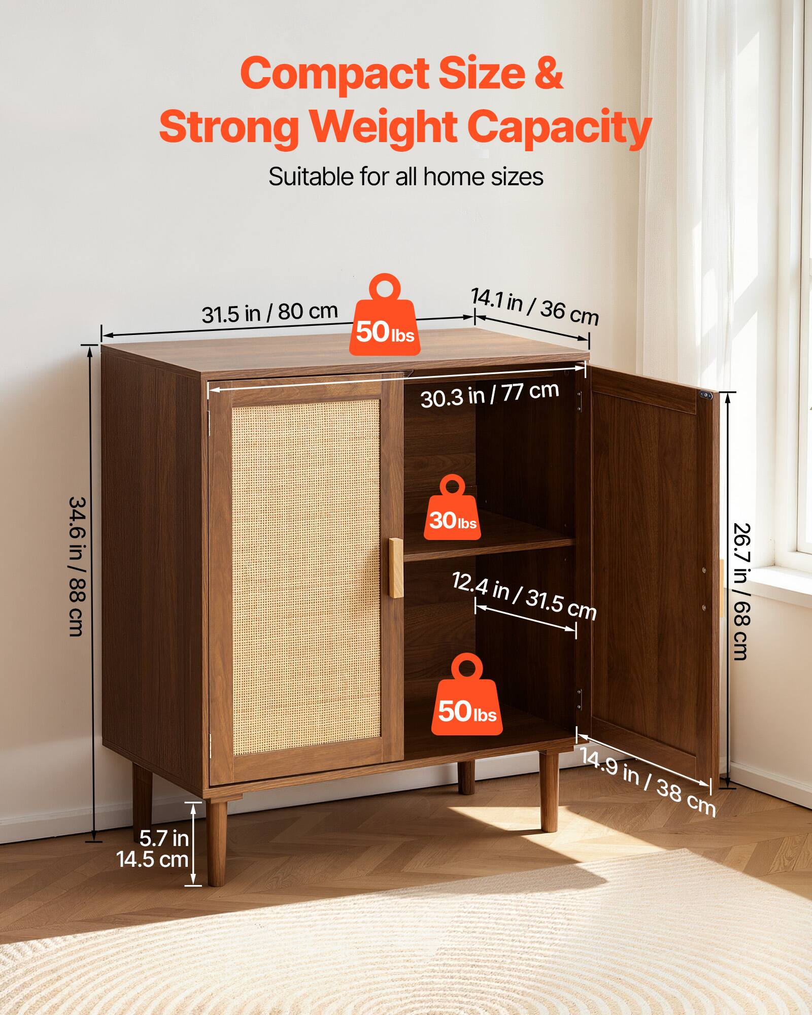 Compact Size & Strong Weight Capacity  
Suitable for all home sizes  

- 31.5 in / 80 cm  
- 14.1 in / 36 cm  
- 30.3 in / 77 cm  
- 34.6 in / 88 cm  
- 12.4 in / 31.5 cm  
- 26.7 in / 68 cm  
- 5.7 in / 14.5 cm  
- 14.9 in / 38 cm  

50 lbs  
30 lbs