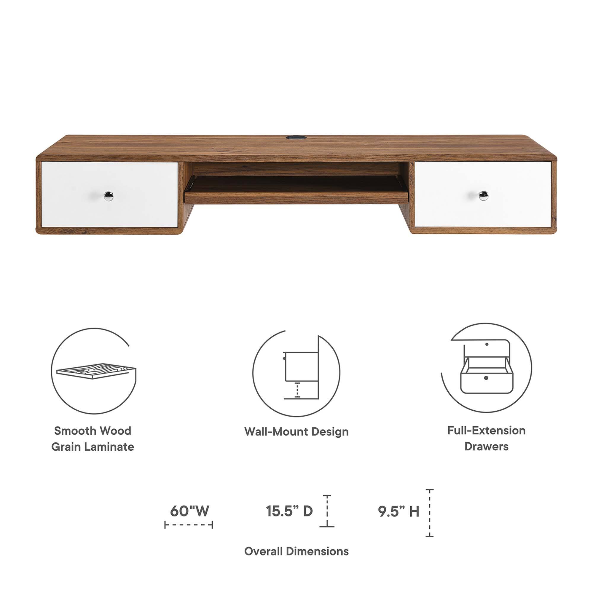 Smooth Wood Grain Laminate Wall-Mount Design Full-Extension Drawers

60"W x 15.5"D x 9.5"H Overall Dimensions