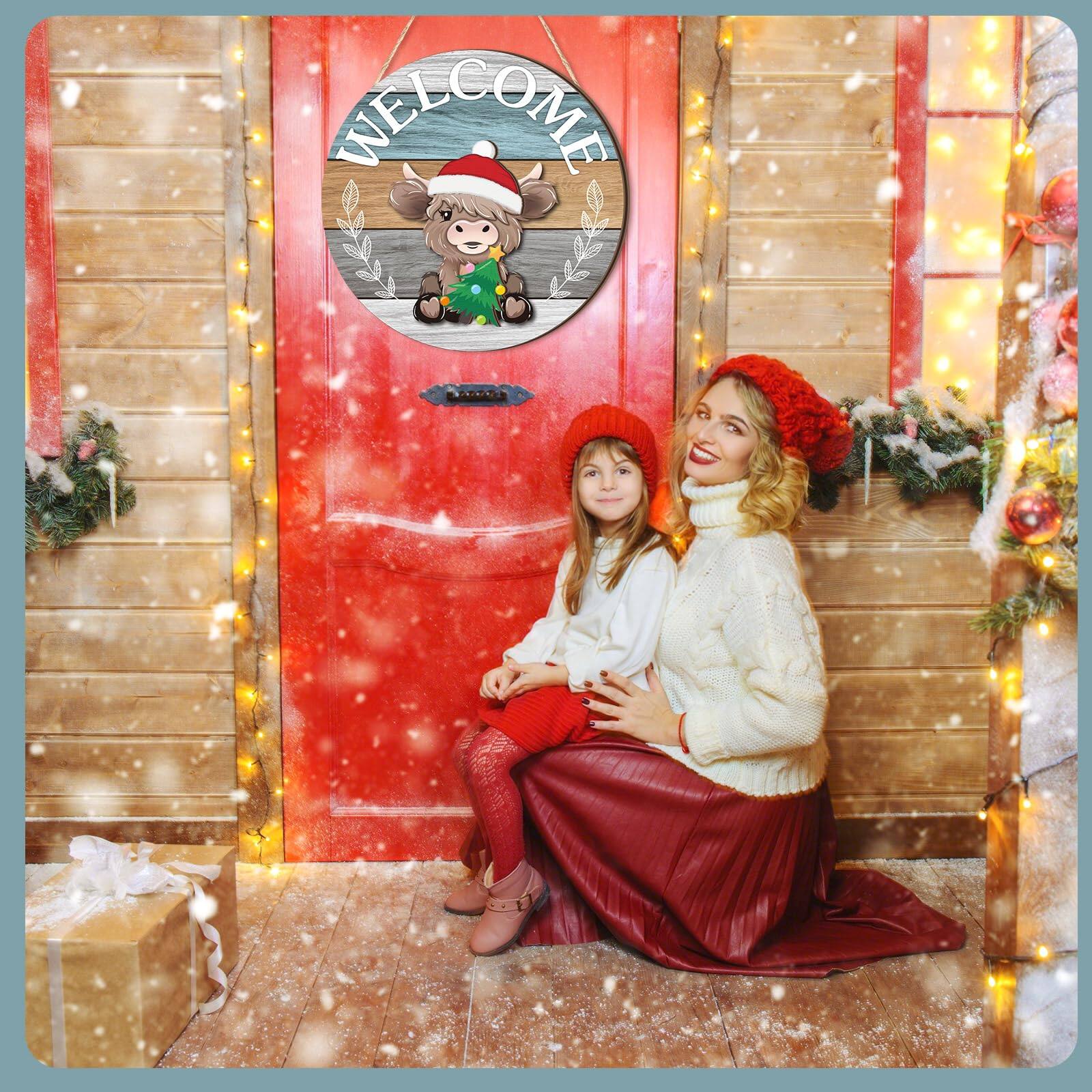 Alt View 2. Paradigms Interiors - 35 Christmas Interchangeable Highland Cow Welcome Sign Seasonal Wooden Hanging Door Decor Thanksgiving Farm... - Red Brown.