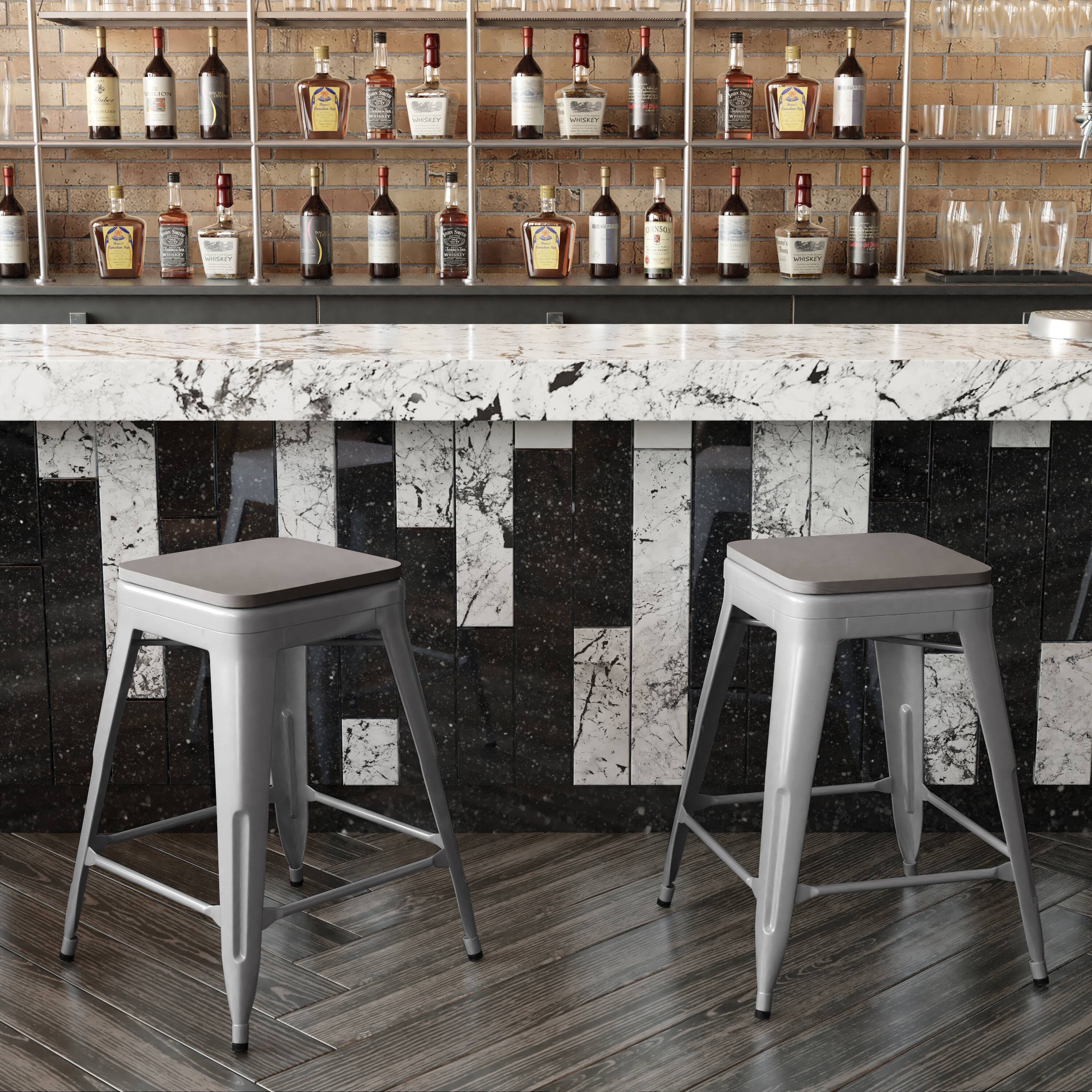 Alt View 3. Emma + Oliver - Kam Backless Metal Indoor-Outdoor Stool with All-Weather Polystyrene Seat - Gray Seat/Silver Frame.