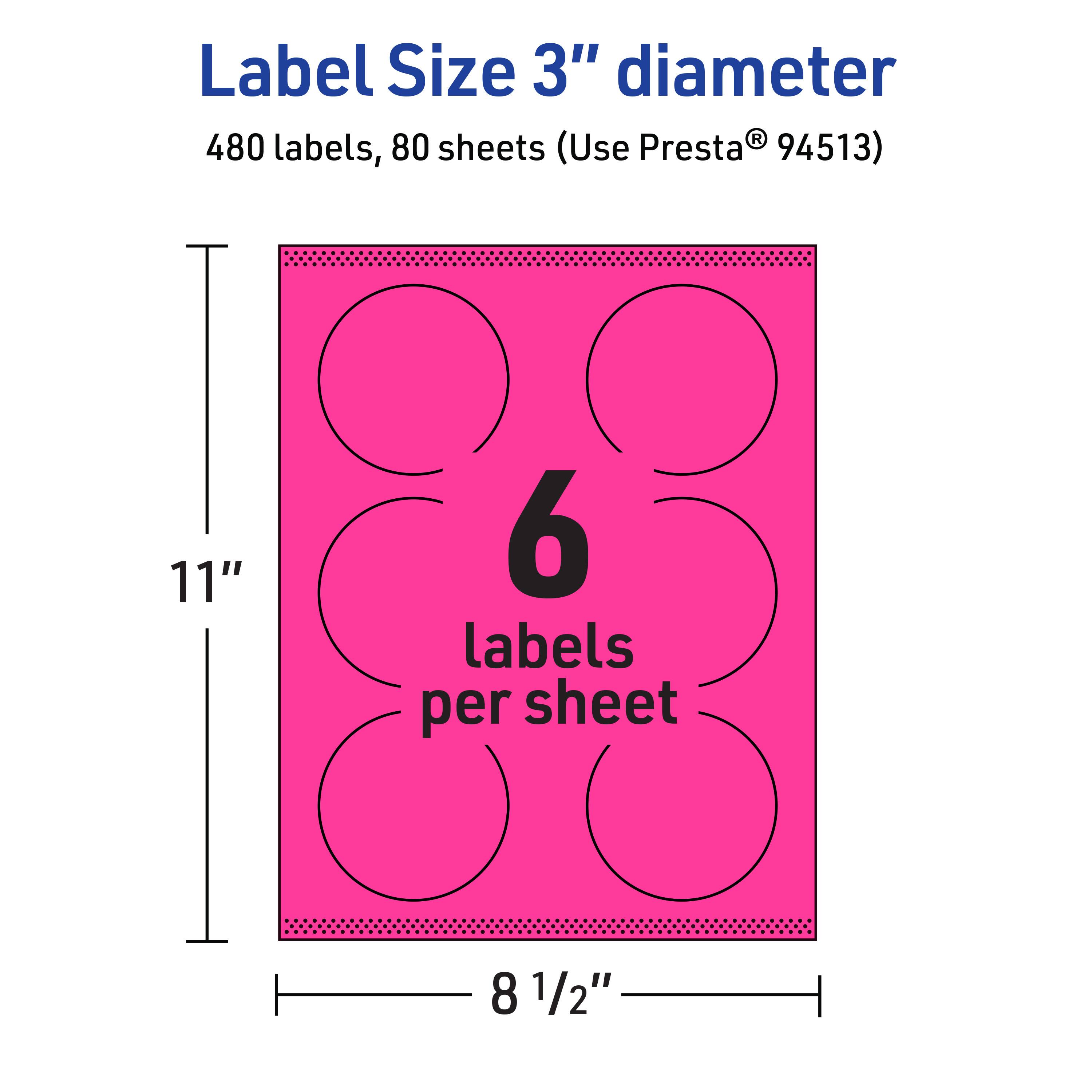Label Size 3" diameter  
480 labels, 80 sheets (Use Presta® 94513)  
11"  
6 labels per sheet  
8 1/2"