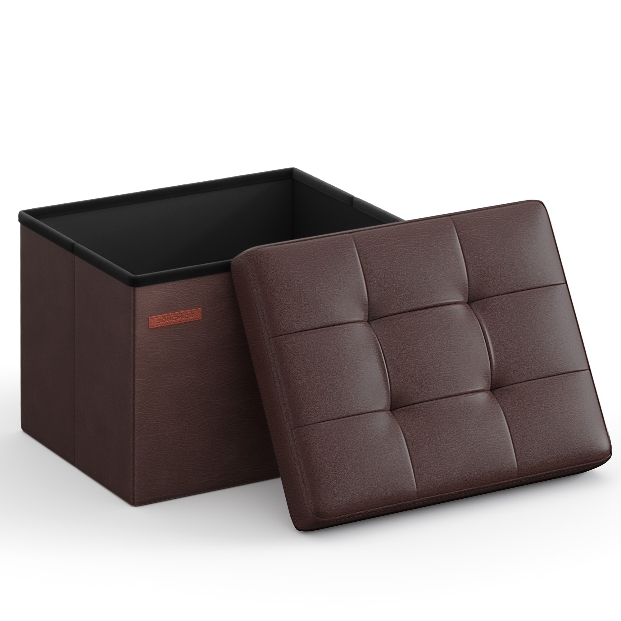 Songmics Home - Small Folding Storage Ottoman, Foot Rest Stool, Cube Footrest, Synthetic Leather, 12.2 x 16.1 x 12.2 Inches - Chestnut Brown