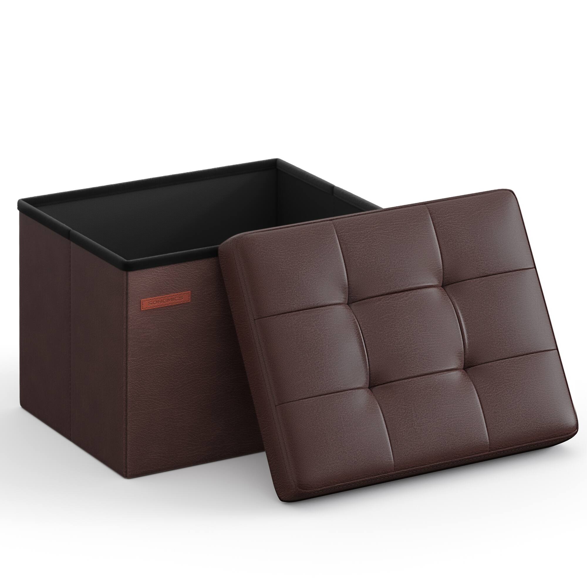 Front. Songmics Home - Small Folding Storage Ottoman, Foot Rest Stool, Cube Footrest, Synthetic Leather, 12.2 x 16.1 x 12.2 Inches - Chestnut Brown.