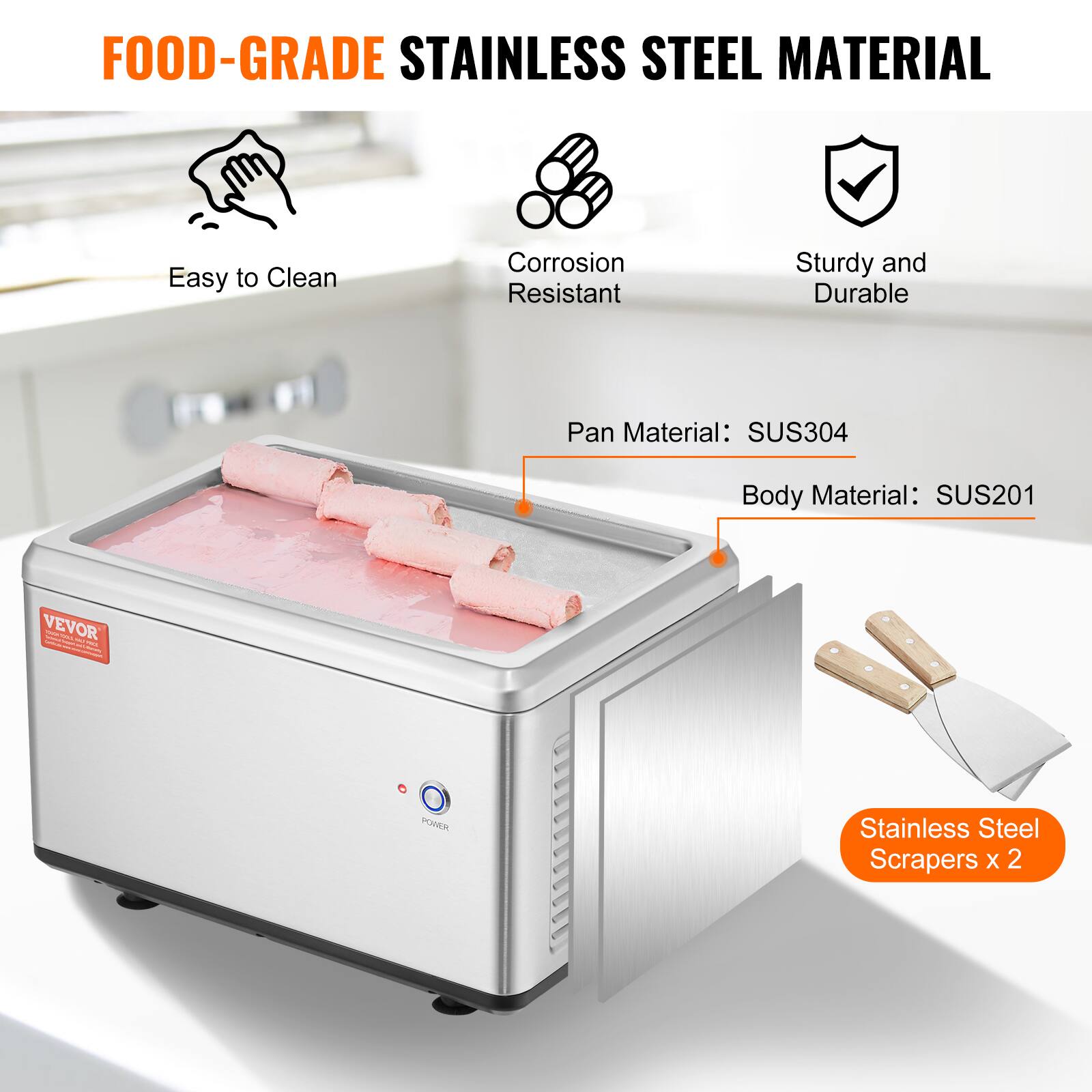 FOOD-GRADE STAINLESS STEEL MATERIAL

- Easy to Clean
- Corrosion Resistant
- Sturdy and Durable

Pan Material: SUS304  
Body Material: SUS201

Stainless Steel Scrapers x 2