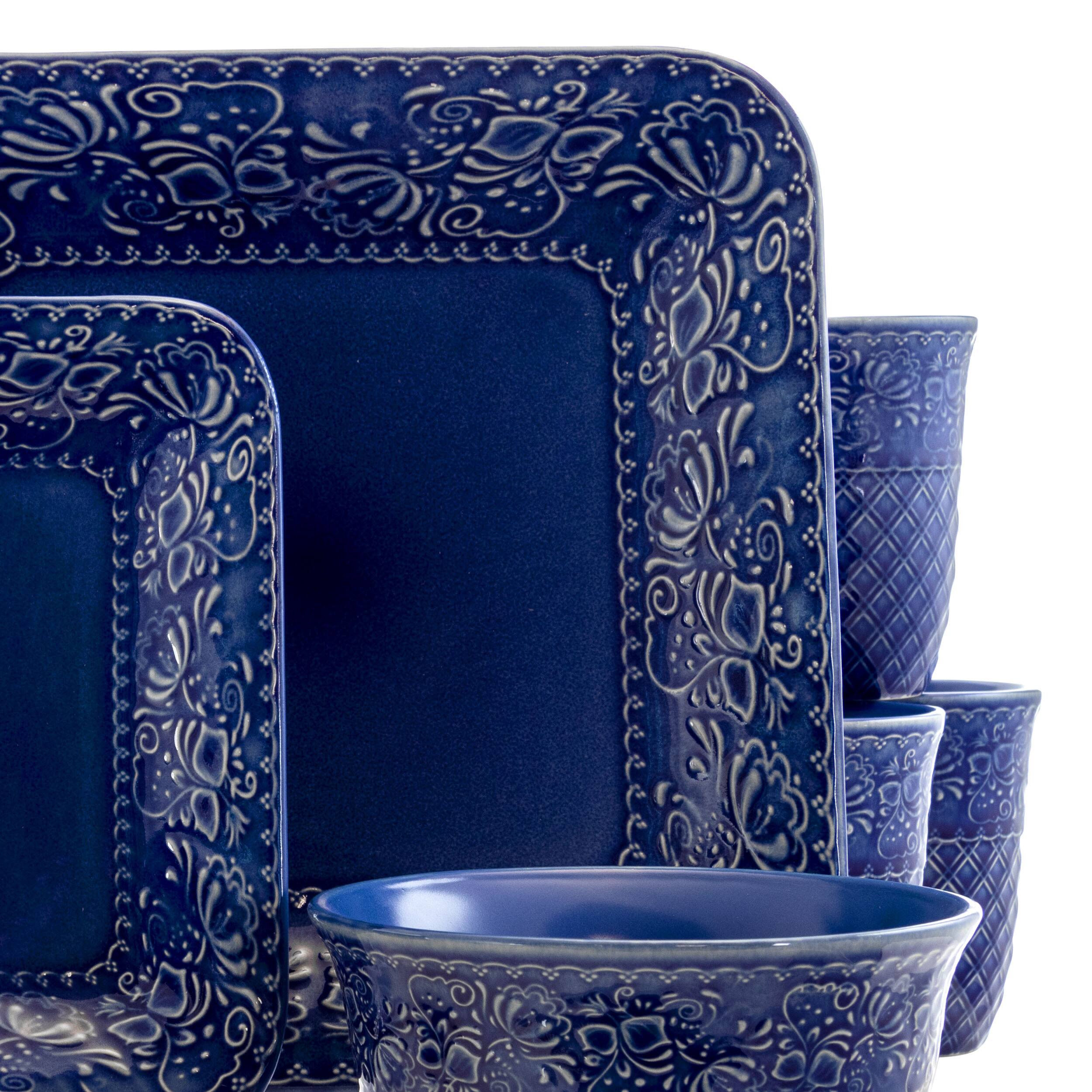 Alt View 4. Elama - Elama Indigo Lotus 16 Piece Square Dinnerware Set - Indigo.