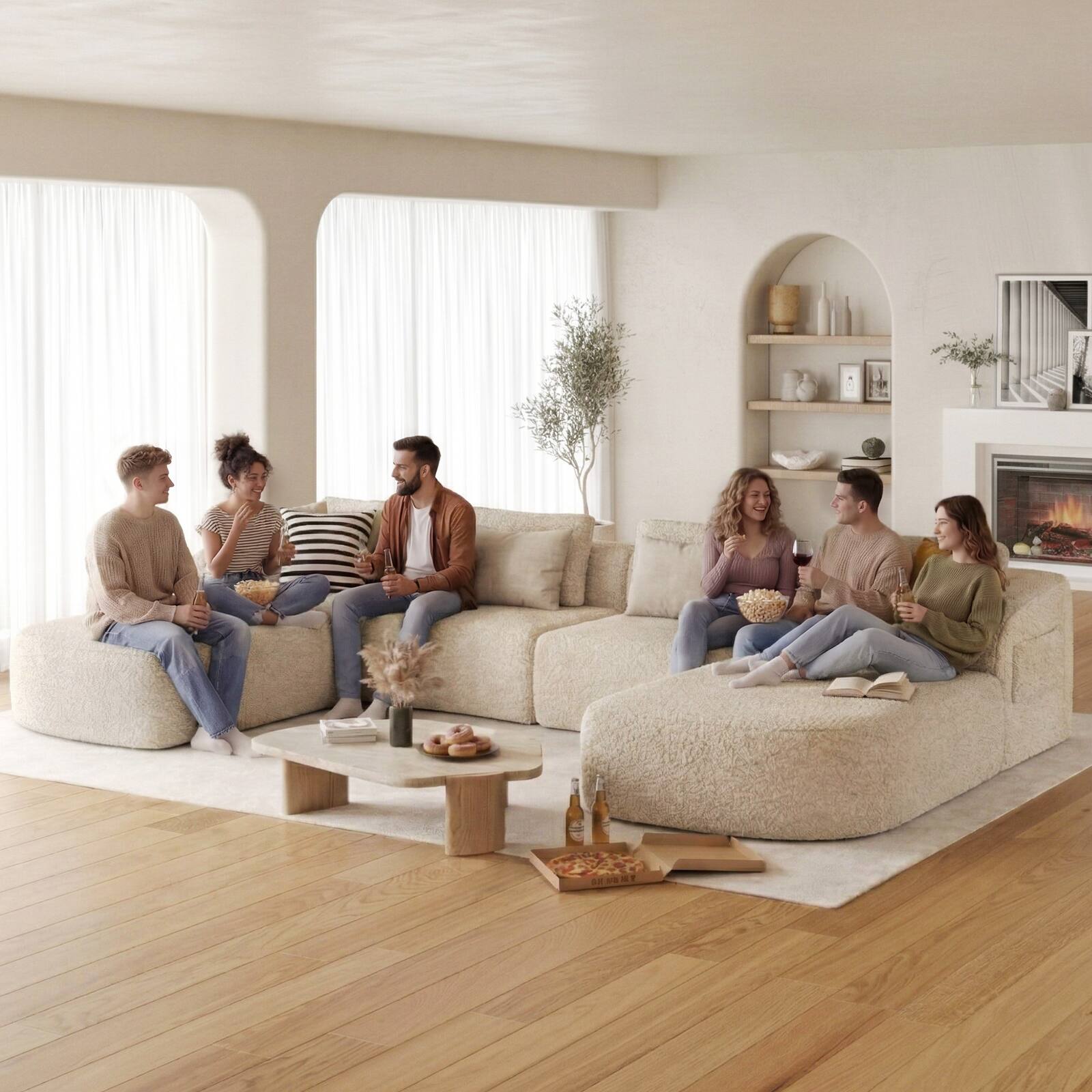 Alt View 5. Pinmoco - PINMOCO Modular Sectional Sofa, Sleeper Sofa Bed with 3 Pillows, Boneless Couch with Side Pockets - U-Shape Off White.