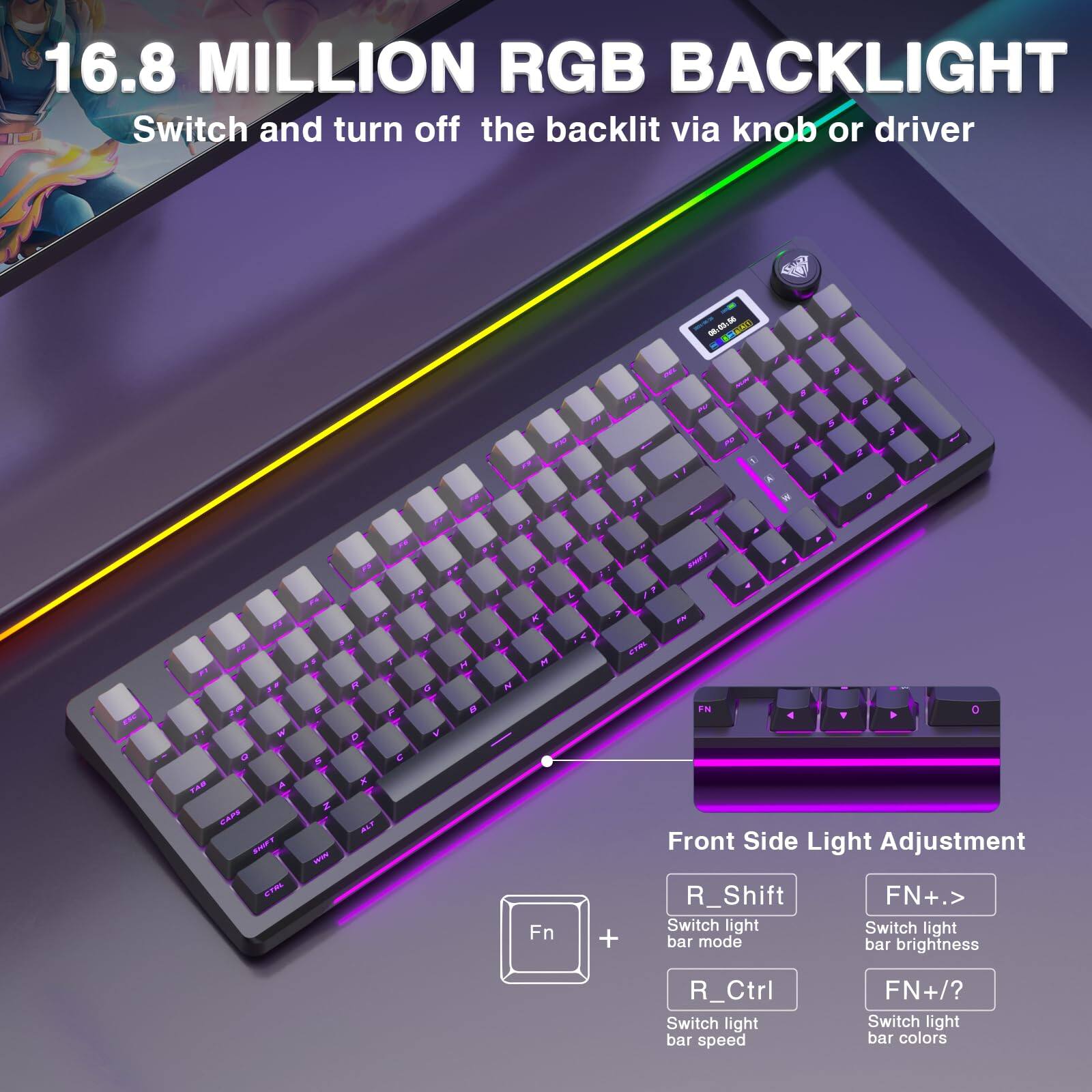 16.8 MILLION RGB BACKLIGHT  
Switch and turn off the backlight via knob or driver  

Front Side Light Adjustment  
- R_Shift: Switch light bar mode  
- FN+.: Switch light bar brightness  
- R_Ctrl: Switch light bar speed  
- FN+/? : Switch light bar colors