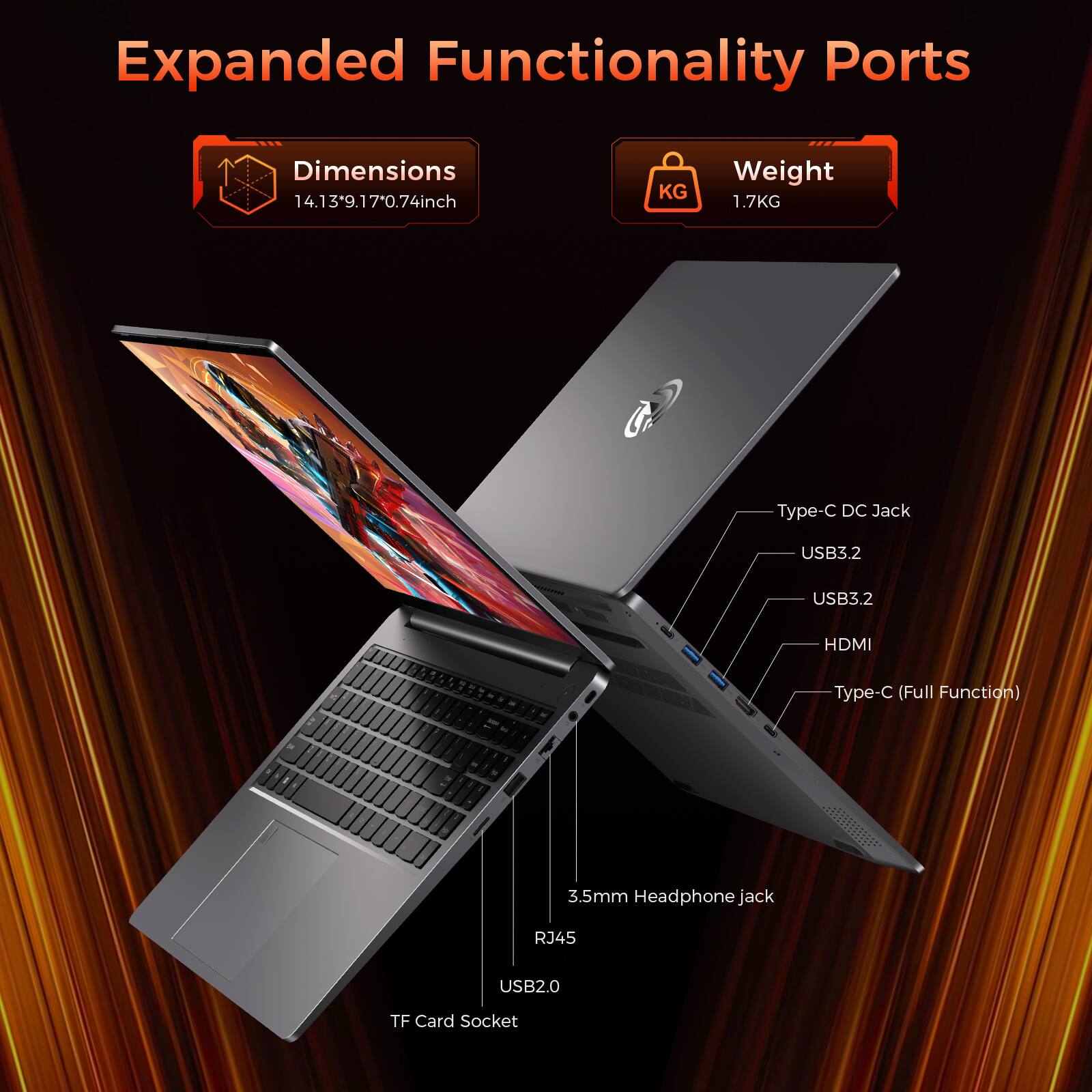 Expanded Functionality Ports

Dimensions: 14.13" x 9.17" x 0.74" inch

Weight: 1.7KG

Ports:
- Type-C DC Jack
- USB3.2
- USB3.2
- HDMI
- Type-C (Full Function)
- 3.5mm Headphone jack
- RJ45
- USB2.0
- TF Card Socket