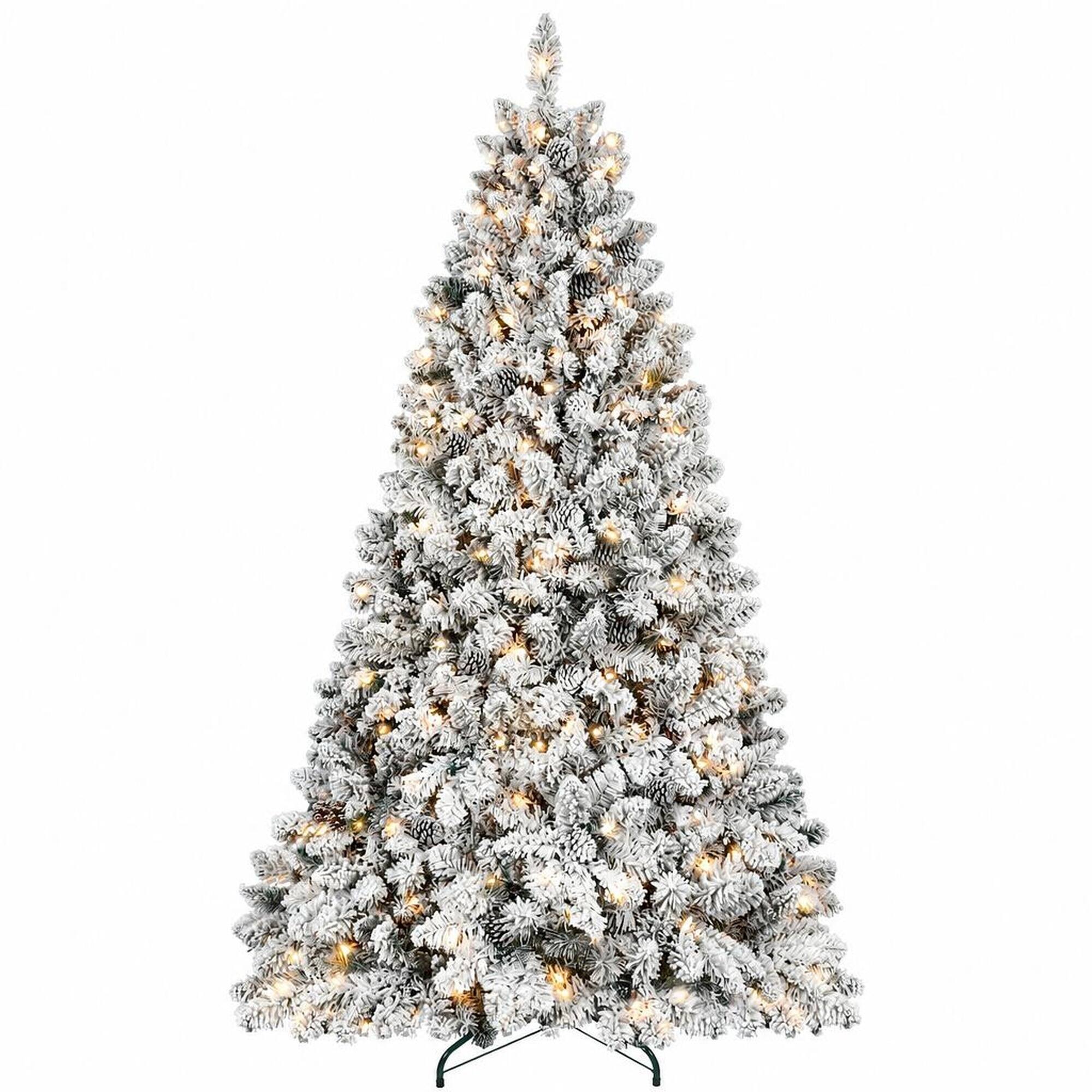 Front. RYHNUYNE - 9FT Flocked Pre-Lit Christmas Tree With 750 Lights and 63 Pine Cones, 2095 Snowy Tips and Metal Stand - Green,White.