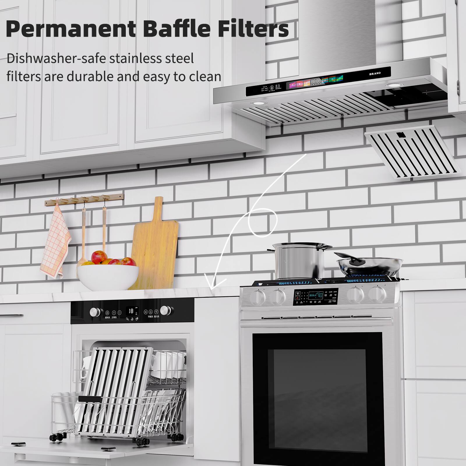 Permanent Baffle Filters  
Dishwasher-safe stainless steel filters are durable and easy to clean