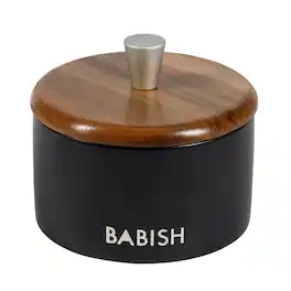 Babish - 9 Ounce Round Stoneware Salt Cellar with Acacia Wood Lid - Black