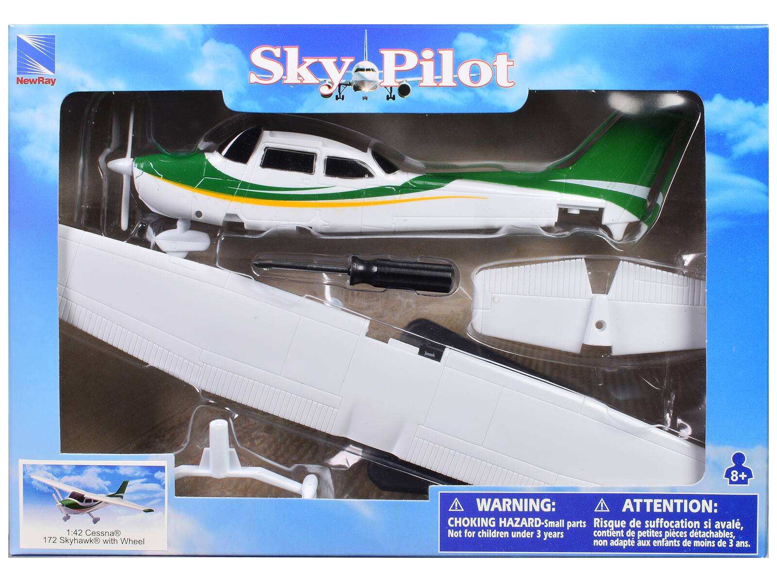 NewRay Sky Pilot  
H 8+  
1:42 Cessna 172 Skyhawk with Wheel  

WARNING:  
CHOKING HAZARD-Small parts  
Not for children under 3 years  

ATTENTION:  
Risque de suffocation si avalé,  
contient de petites pièces détachables,  
non adapté aux enfants de moins de 3 ans.