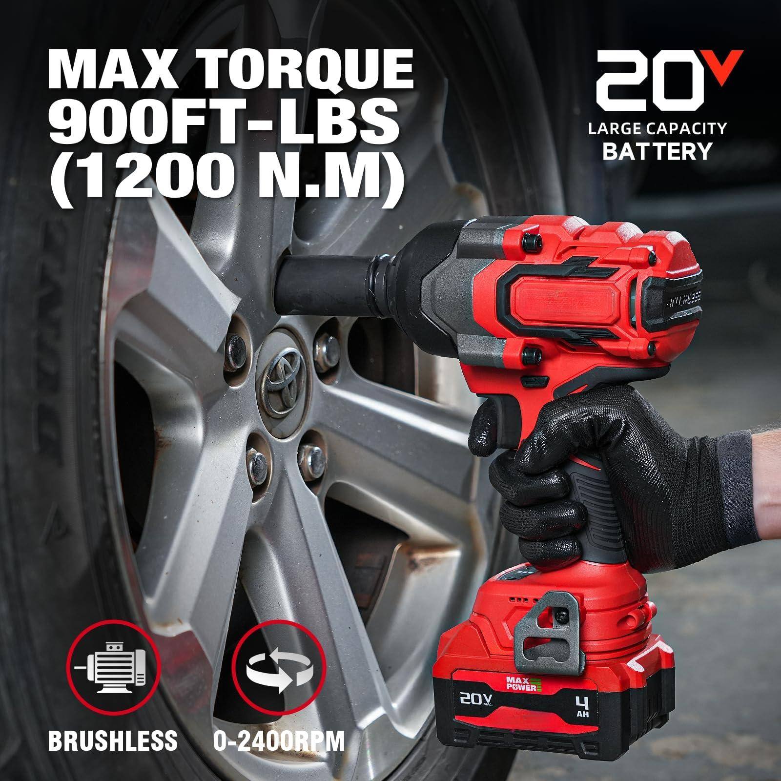 MAX TORQUE  
900FT-LBS (1200 N.M)  

20V  
LARGE CAPACITY BATTERY  

BRUSHLESS  
0-2400RPM  

MAX POWER  
4 AH