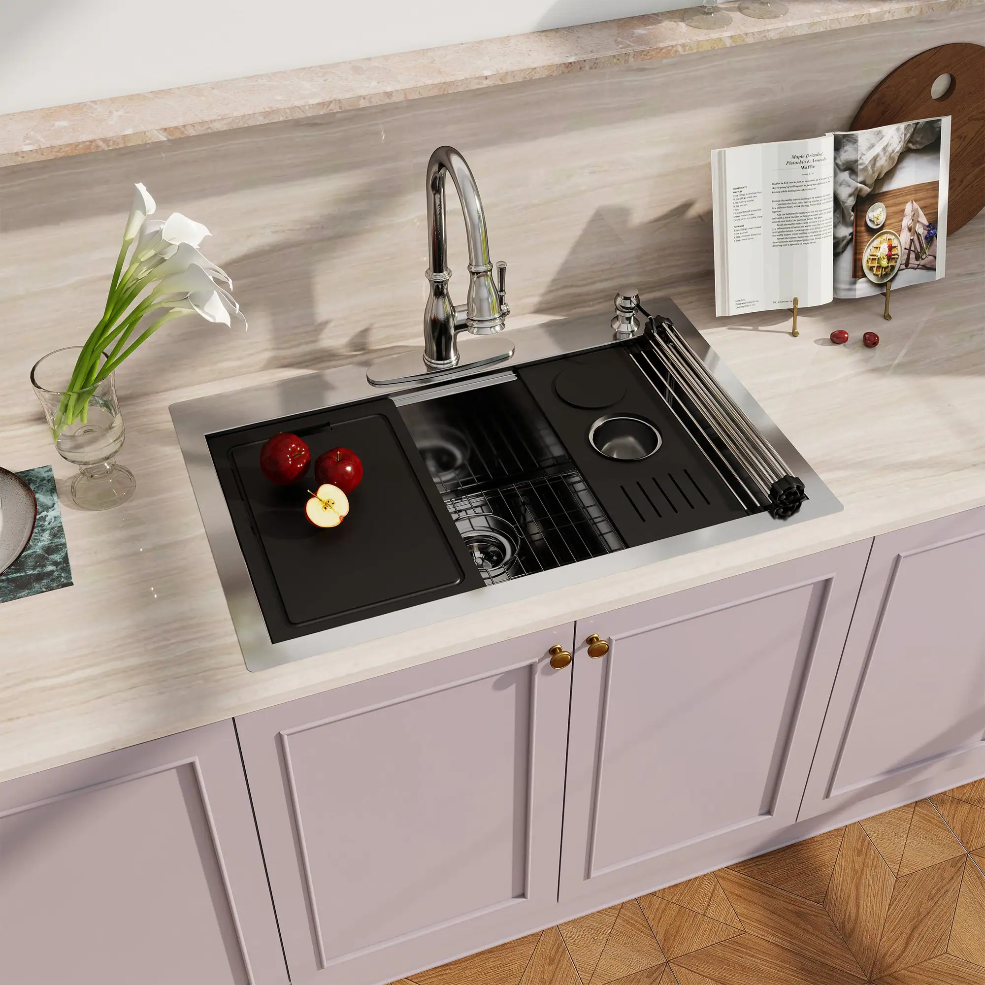 Alt View 4. Boyel Living - 33 in. Drop-In Single Bowl 18-Gauge Stainless Steel Kitchen Sink with Bottom Grid and Strainer Basket and Cutting Board - Silver.