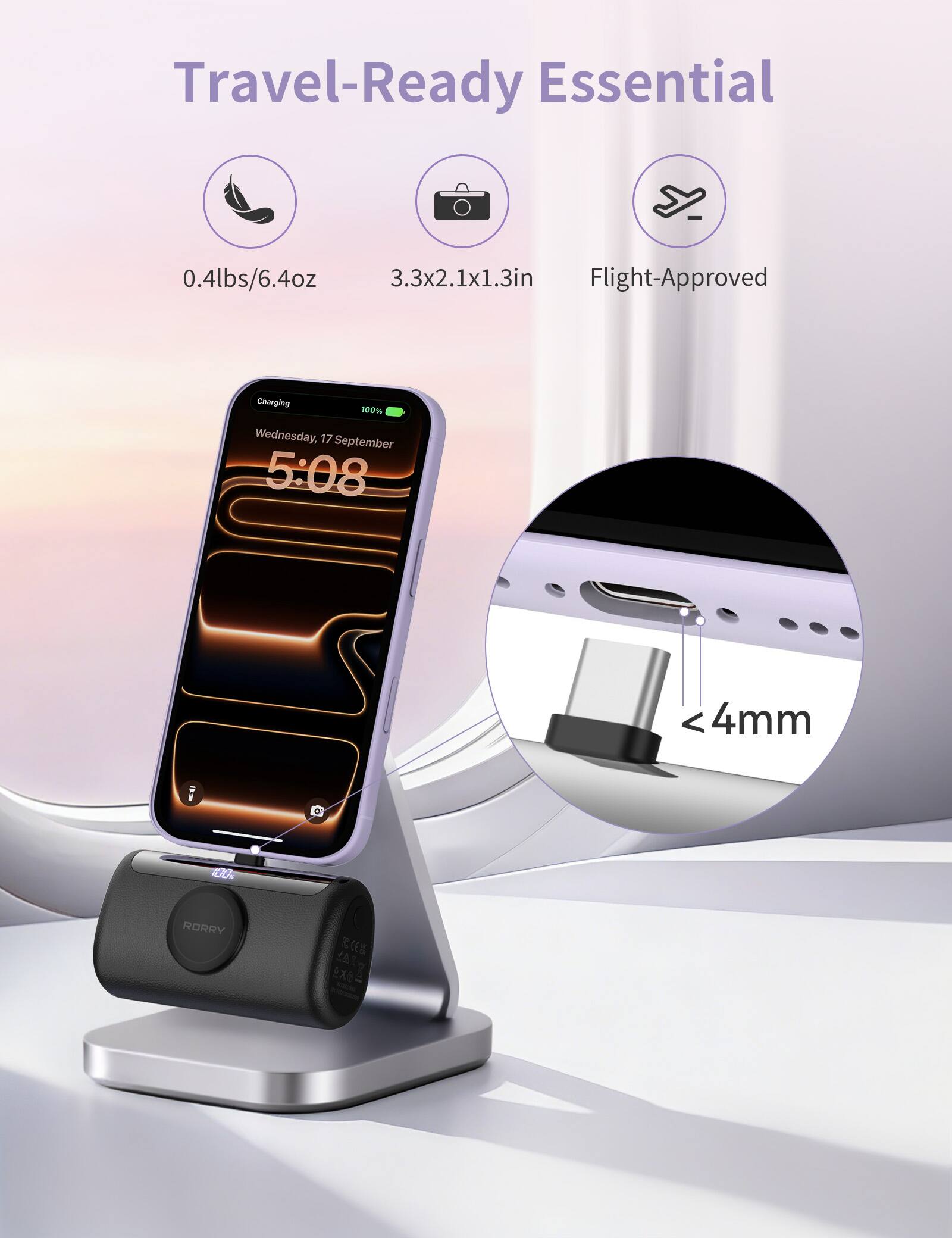 Travel-Ready Essential

0.4lbs/6.4oz  
3.3x2.1x1.3in  
Flight-Approved

Charging 100%  
Wednesday, 17 September 5:08

<4mm  
RORRY  
101g