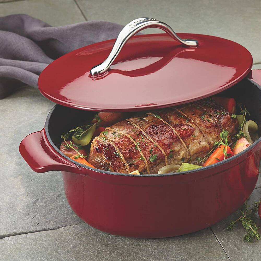 Back. Anolon - Anolon 51819 Vesta 4 Qt. Cast Iron Dish/Casserole Pan with Lid - Paprika Red - Paprika Red.