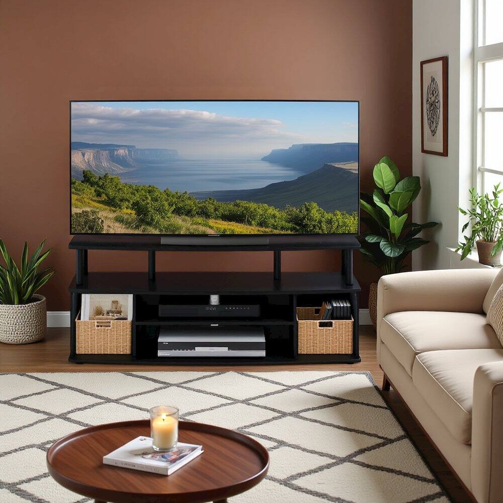Left. FurniFact - TV Stand with 3 Open Shelves, 2 Cabinets, for Up to 55 Inch TV - Blackwood.