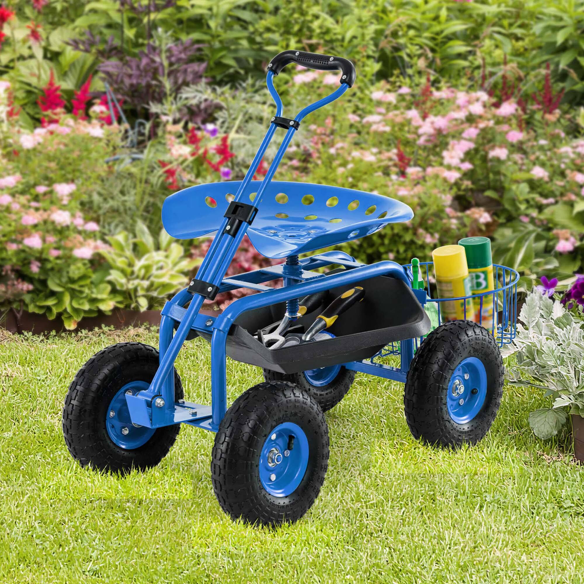 Alt View 3. Costway - Costway Garden Cart Patio Wagon Roll Work Seat with Tray Basket Extendable Handle - Blue.