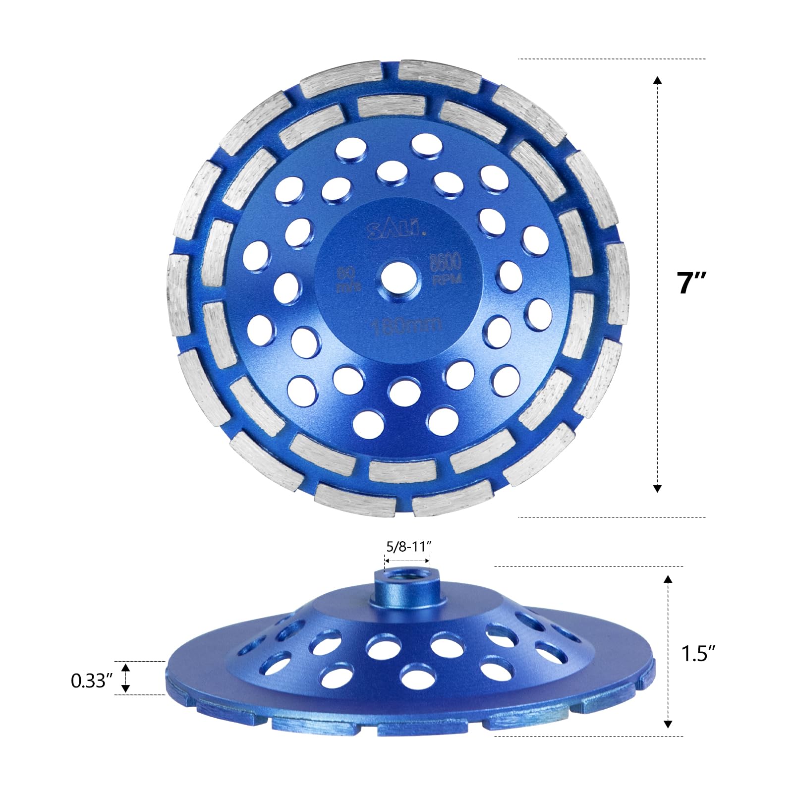 Sure, here is the corrected and grouped text from the image:

- **SA**
- **BO 8600 RPM**
- **7" 180mm**
- **5/8-11" x4**
- **A**
- **0.33"**
- **1.5"**