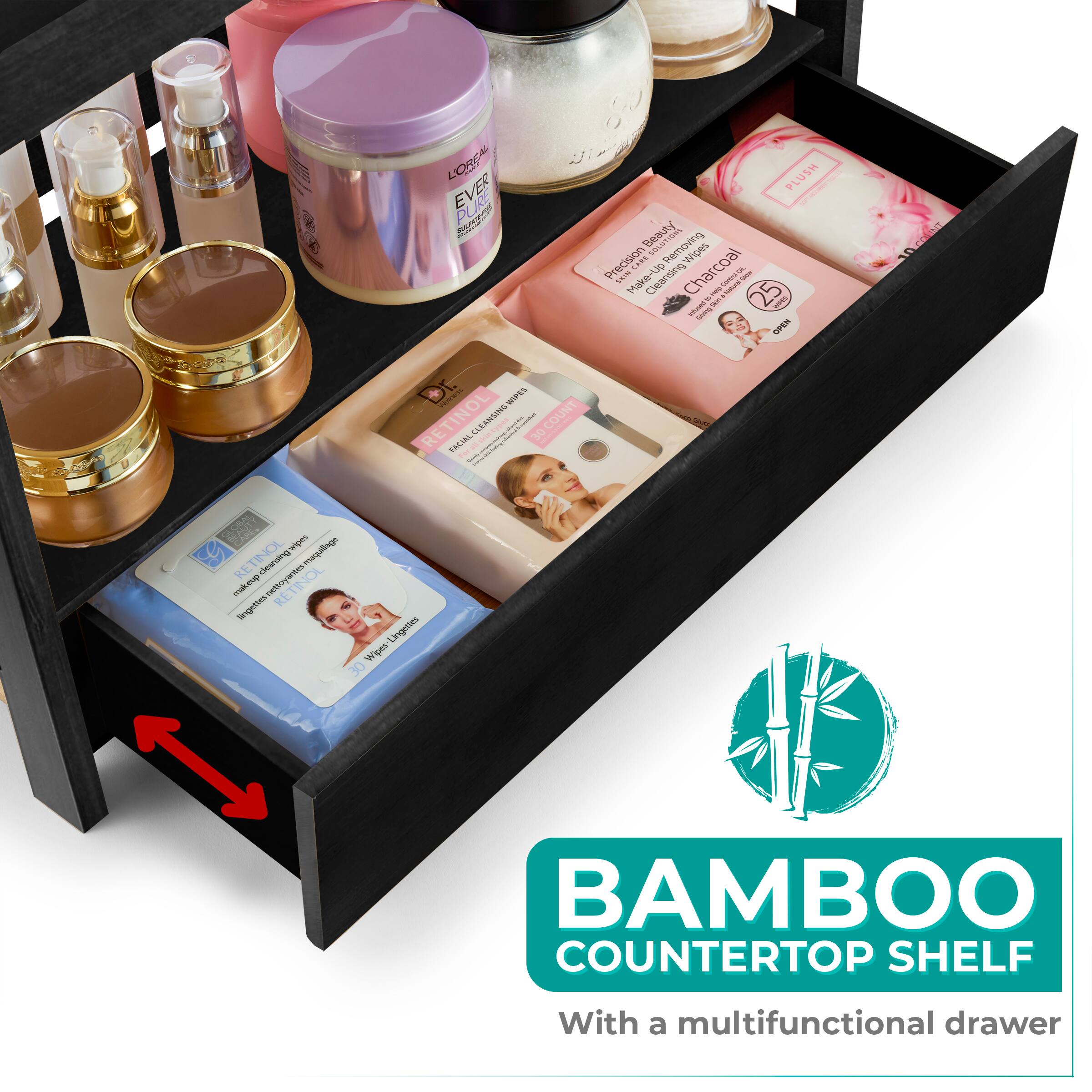 L'ORÉAL EVER PLUSH DeBIY SL Removing Precision LANS Hges SAN 130 Charcoal s - Make- Cleansing - Lam hs nothito_te 25 - - E VEAaN no OPEN Arakt WIPES RETINOL CLEANSING-WIRES I 30 COUNT FALAAL F. argas apeligwem G RETINOL deaning wtoyertesmraqallage nan RETINOL frgetes RE Lingeites Wipes 30 BAMBOO COUNTERTOP SHELF With a multifunctional drawer